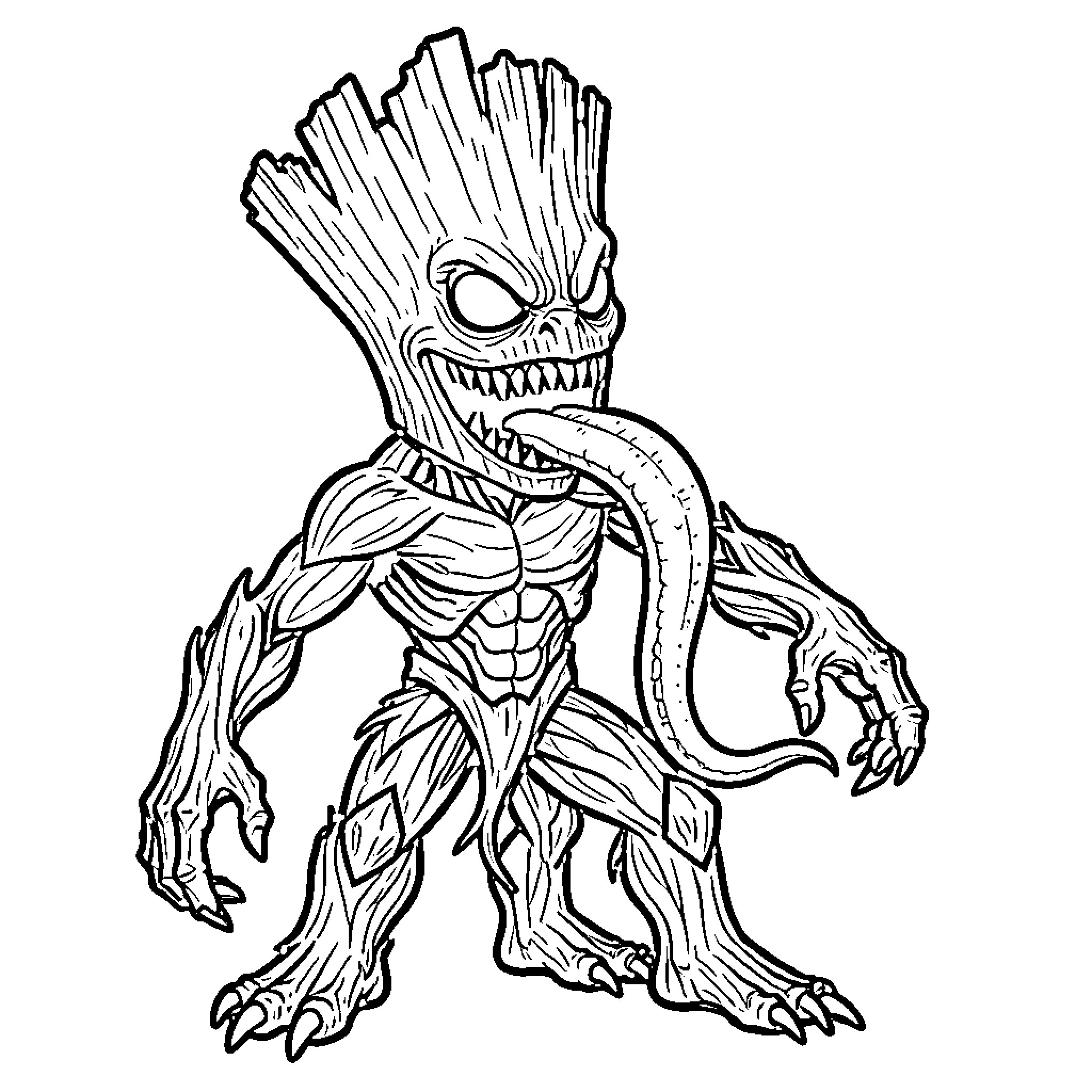 Groot displaying a menacing expression Coloring Page (free black-and-white line drawing printable PDF for all, from beginners to advanced learners, including children, teens, adults, and seniors)