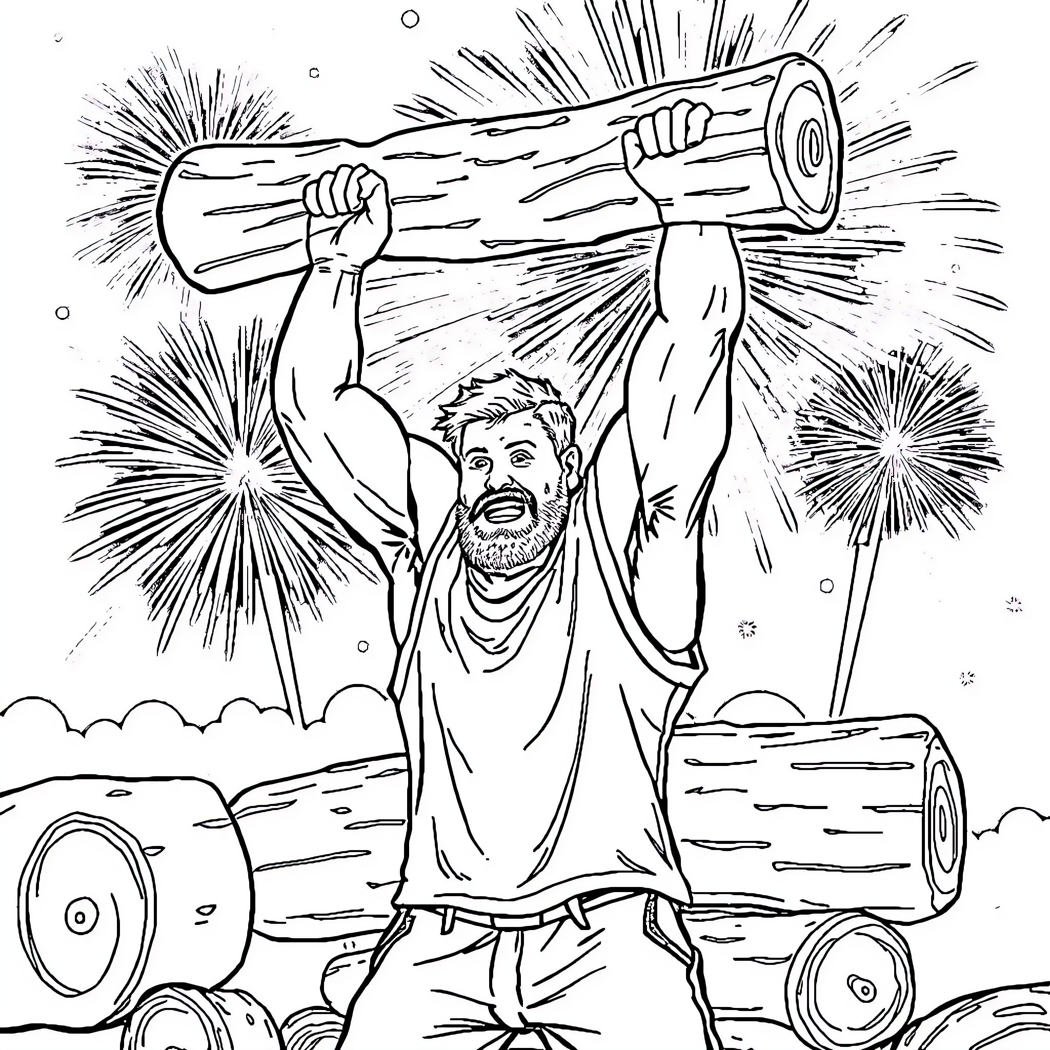 Strongman lifting logs and fireworks in the wilderness Coloring Page (free black-and-white line drawing printable PDF for all, from beginners to advanced learners, including children, teens, adults, and seniors)