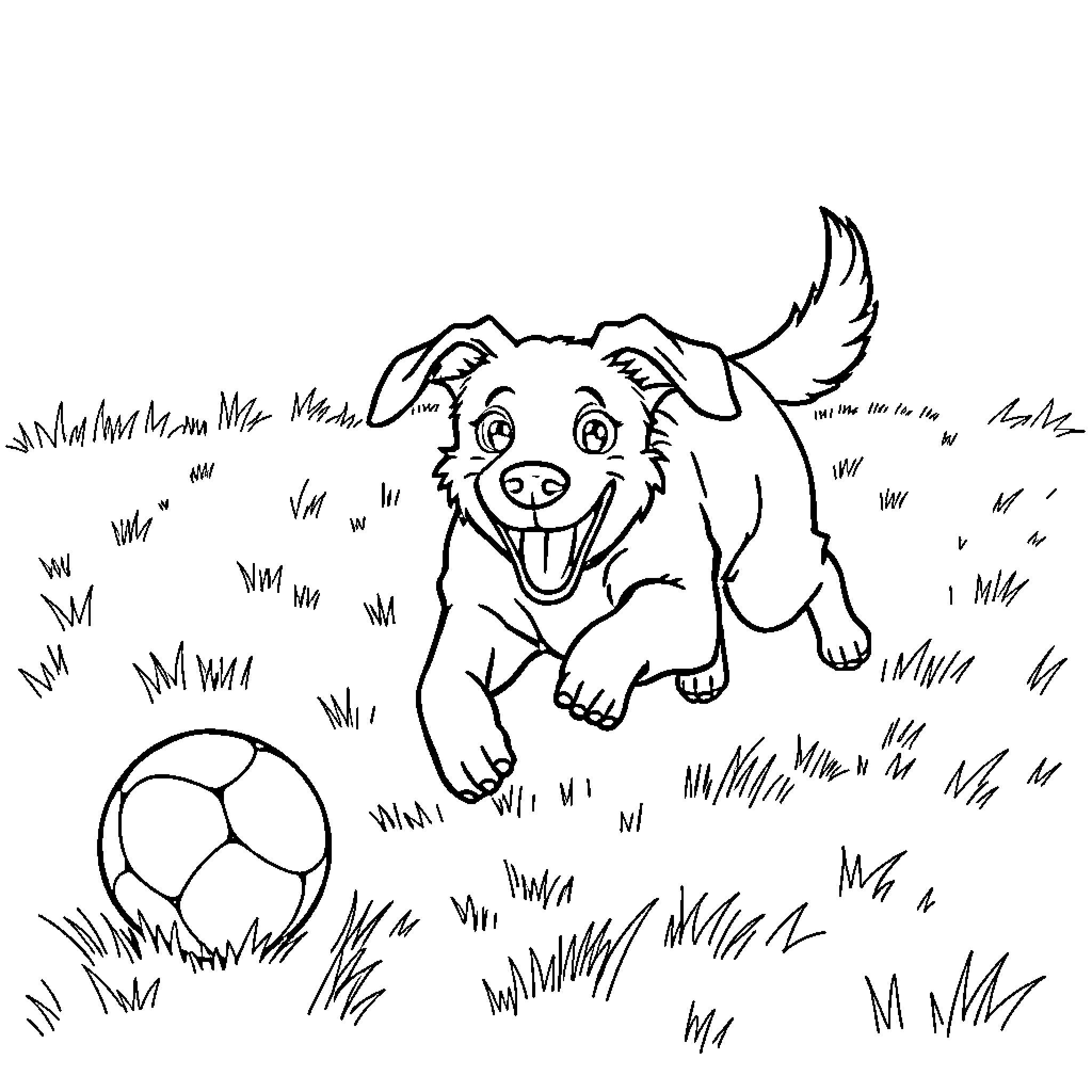 Dog playing joyfully with ball in grassy field Coloring Page (free black-and-white line drawing printable PDF for all, from beginners to advanced learners, including children, teens, adults, and seniors)