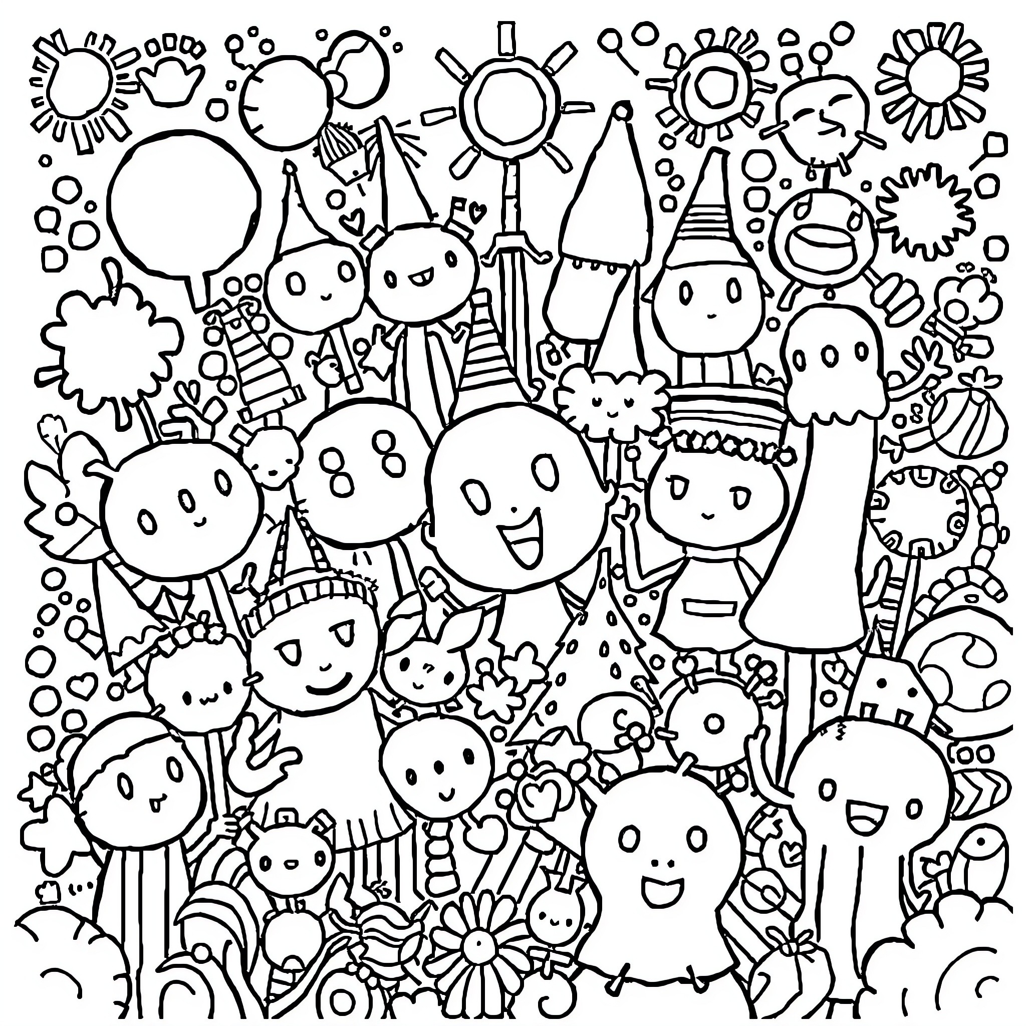 Drawing of Whimsical Cartoon Characters and Shapes Coloring Page (free black-and-white line drawing printable PDF for all, from beginners to advanced learners, including children, teens, adults, and seniors)