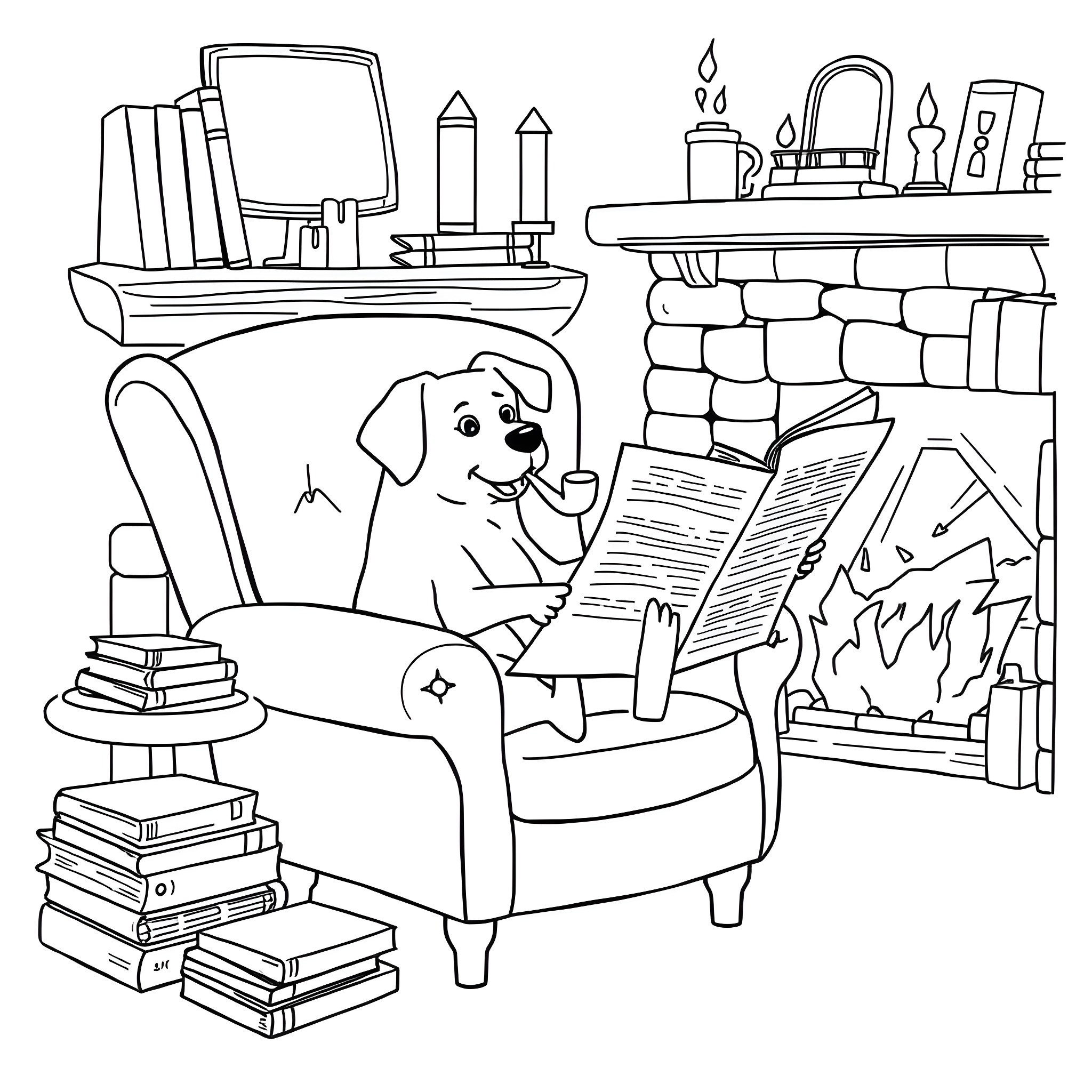 Dog relaxing and reading a book by the fireplace Coloring Page (free black-and-white line drawing printable PDF for all, from beginners to advanced learners, including children, teens, adults, and seniors)