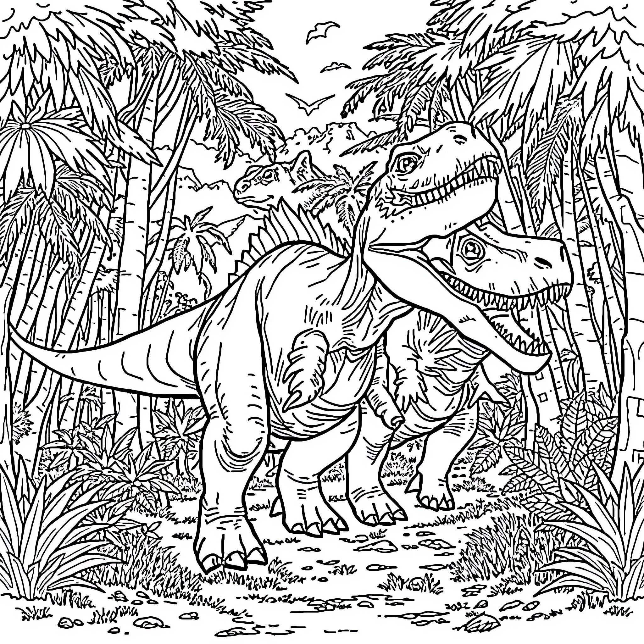 Dinosaurs roaming in the lush jungle Coloring Page (free black-and-white line drawing printable PDF for all, from beginners to advanced learners, including children, teens, adults, and seniors)