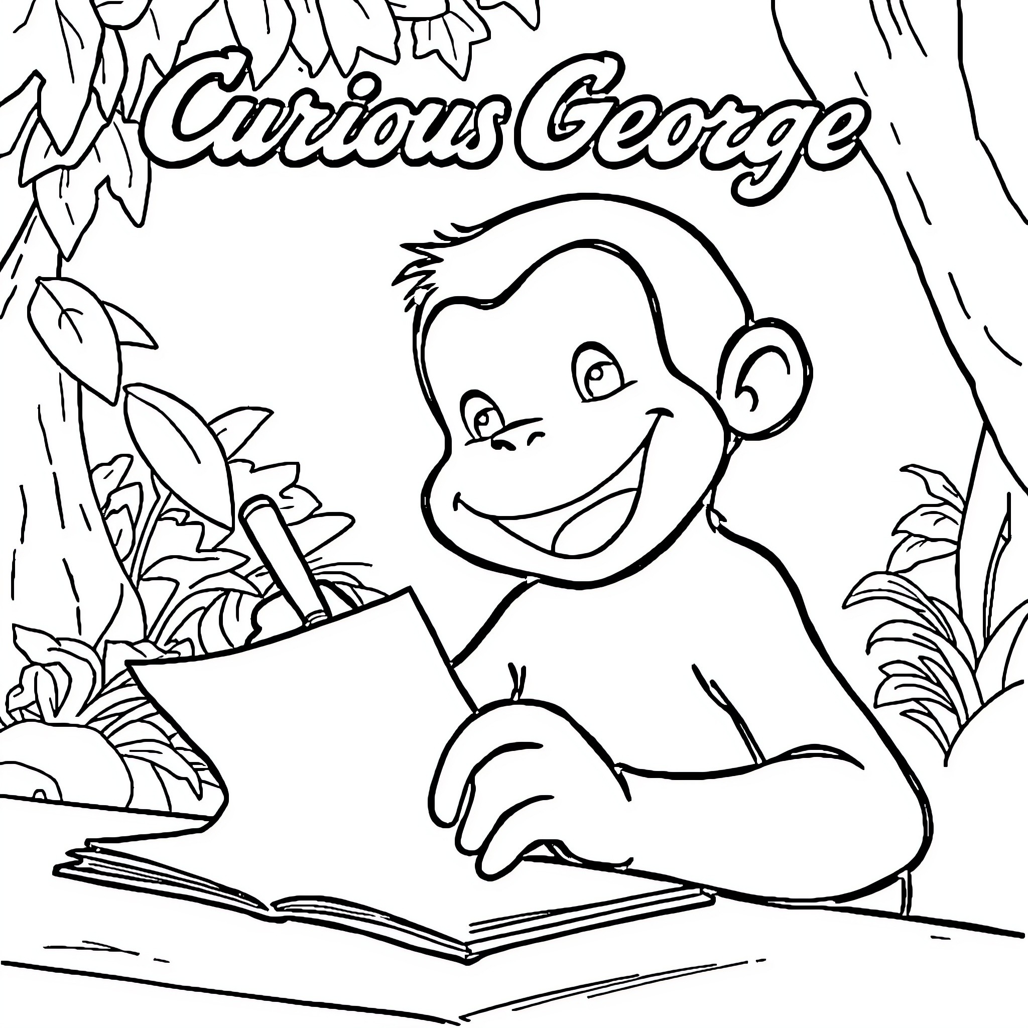 Curious George exploring nature and reading a book Coloring Page (free black-and-white line drawing printable PDF for all, from beginners to advanced learners, including children, teens, adults, and seniors)