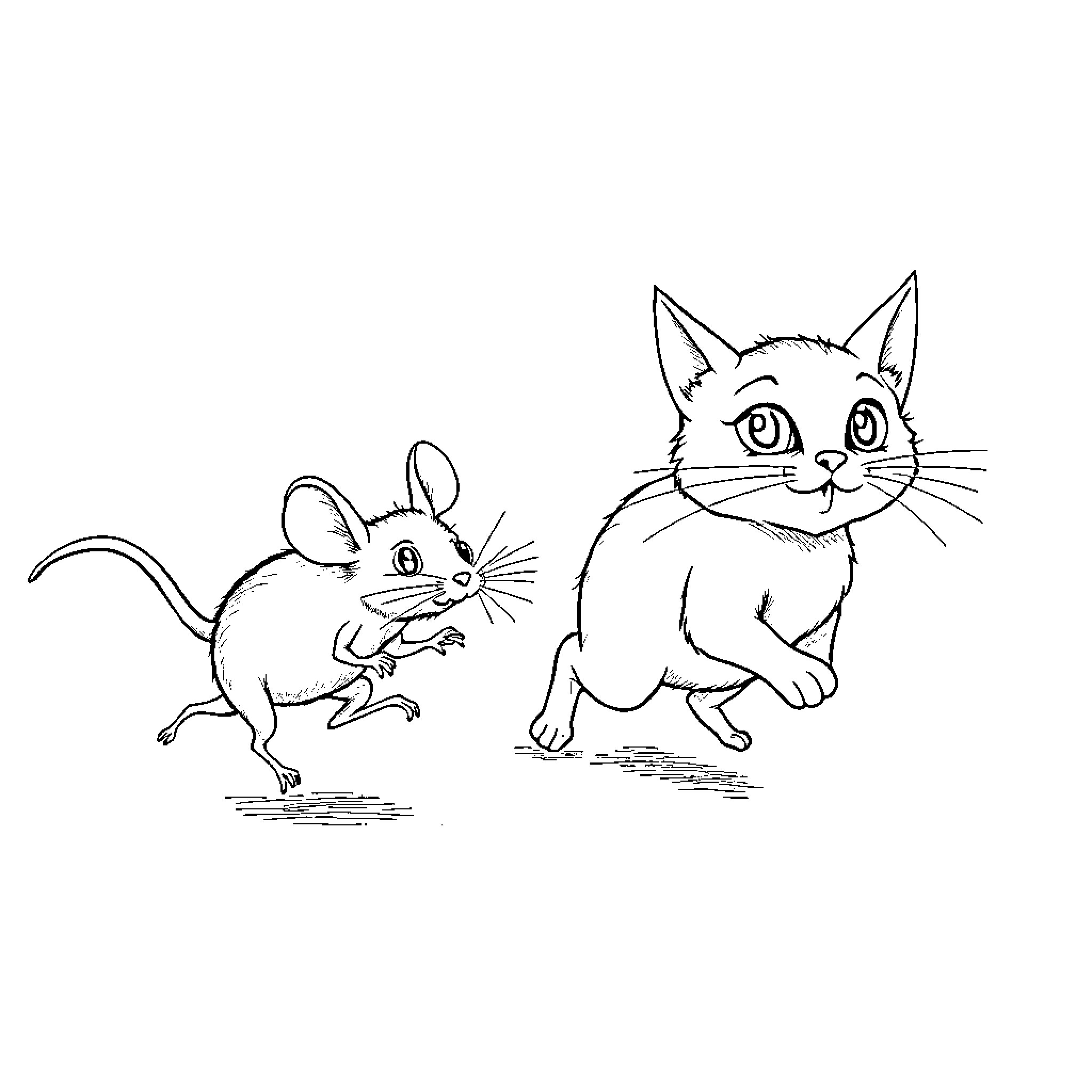 Mouse chasing playful cat in cartoon style Coloring Page (free black-and-white line drawing printable PDF for all, from beginners to advanced learners, including children, teens, adults, and seniors)