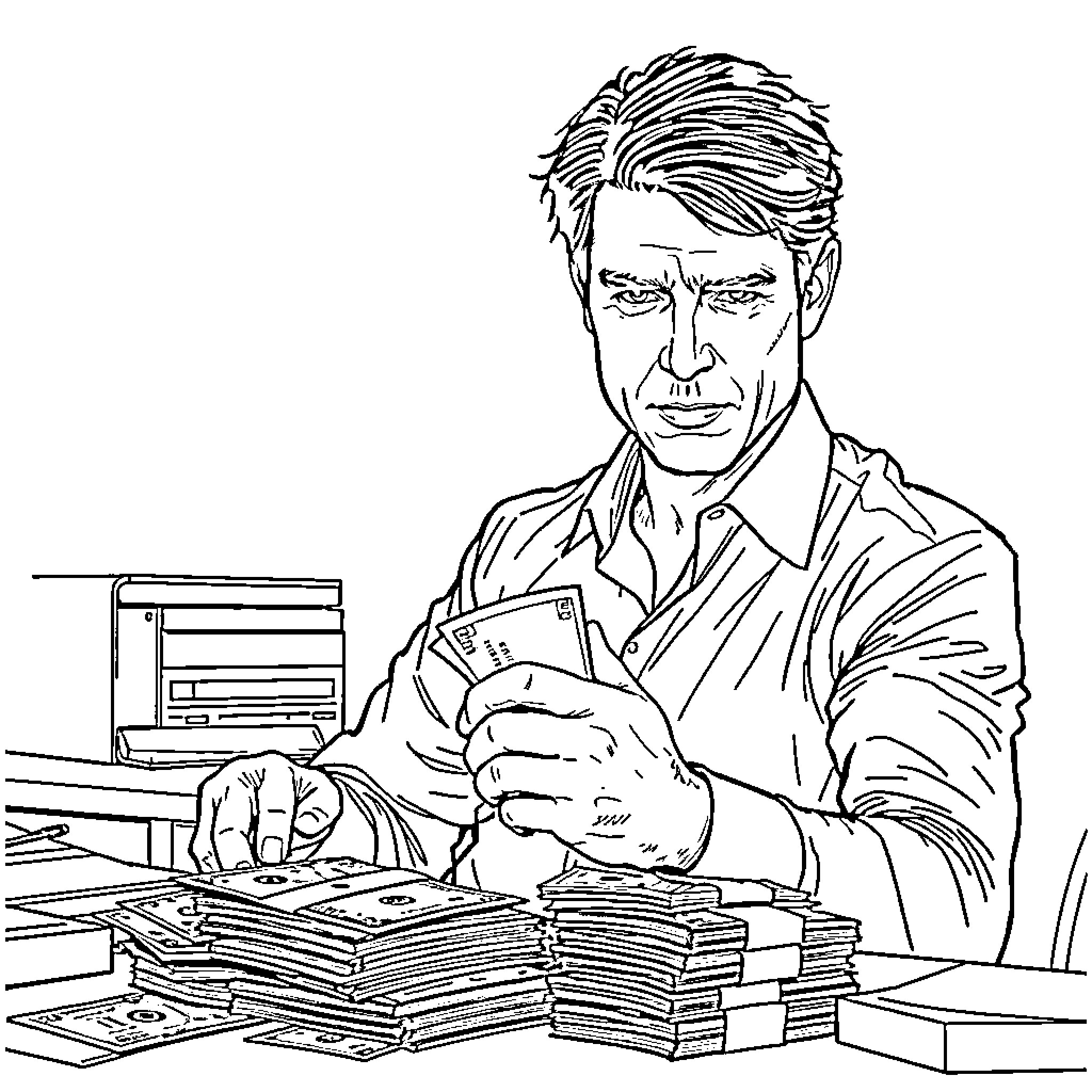 Tom Cruise counting stacks of cash at his desk Coloring Page (free black-and-white line drawing printable PDF for all, from beginners to advanced learners, including children, teens, adults, and seniors)