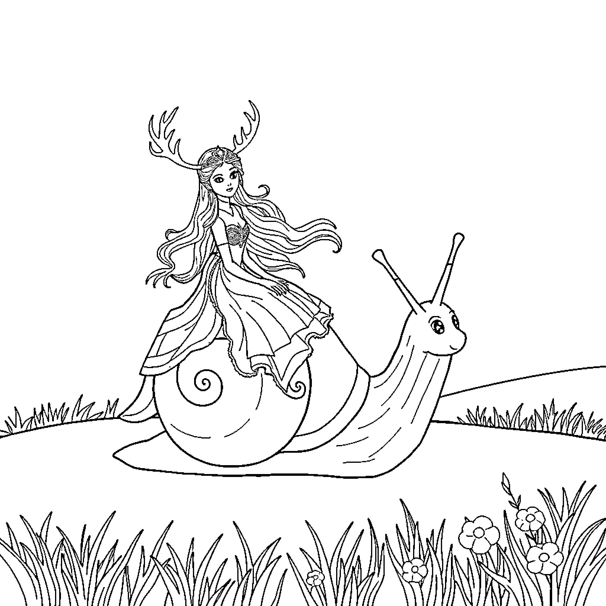 Princess Riding a Whimsical Snail in the Meadow Coloring Page (free black-and-white line drawing printable PDF for all, from beginners to advanced learners, including children, teens, adults, and seniors)