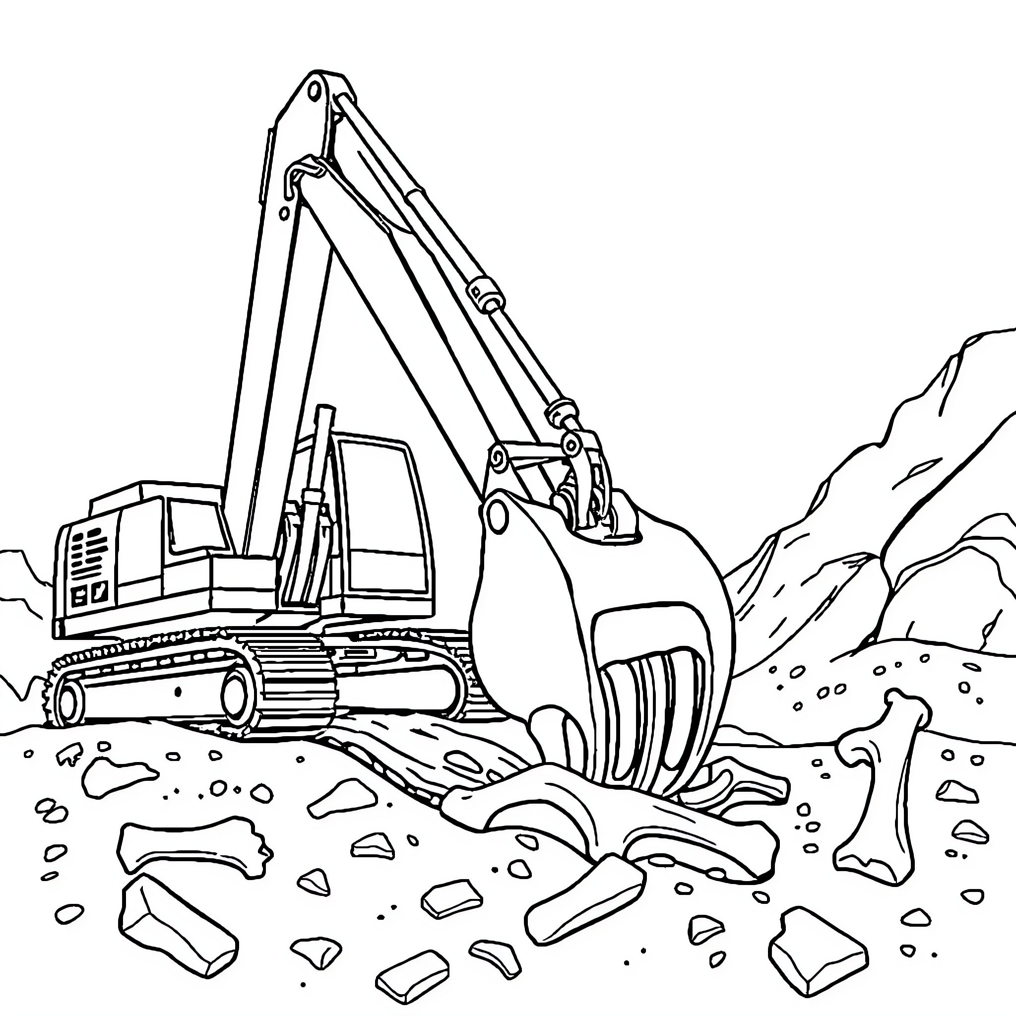 Excavator digging in rocky terrain Coloring Page (free black-and-white line drawing printable PDF for all, from beginners to advanced learners, including children, teens, adults, and seniors)