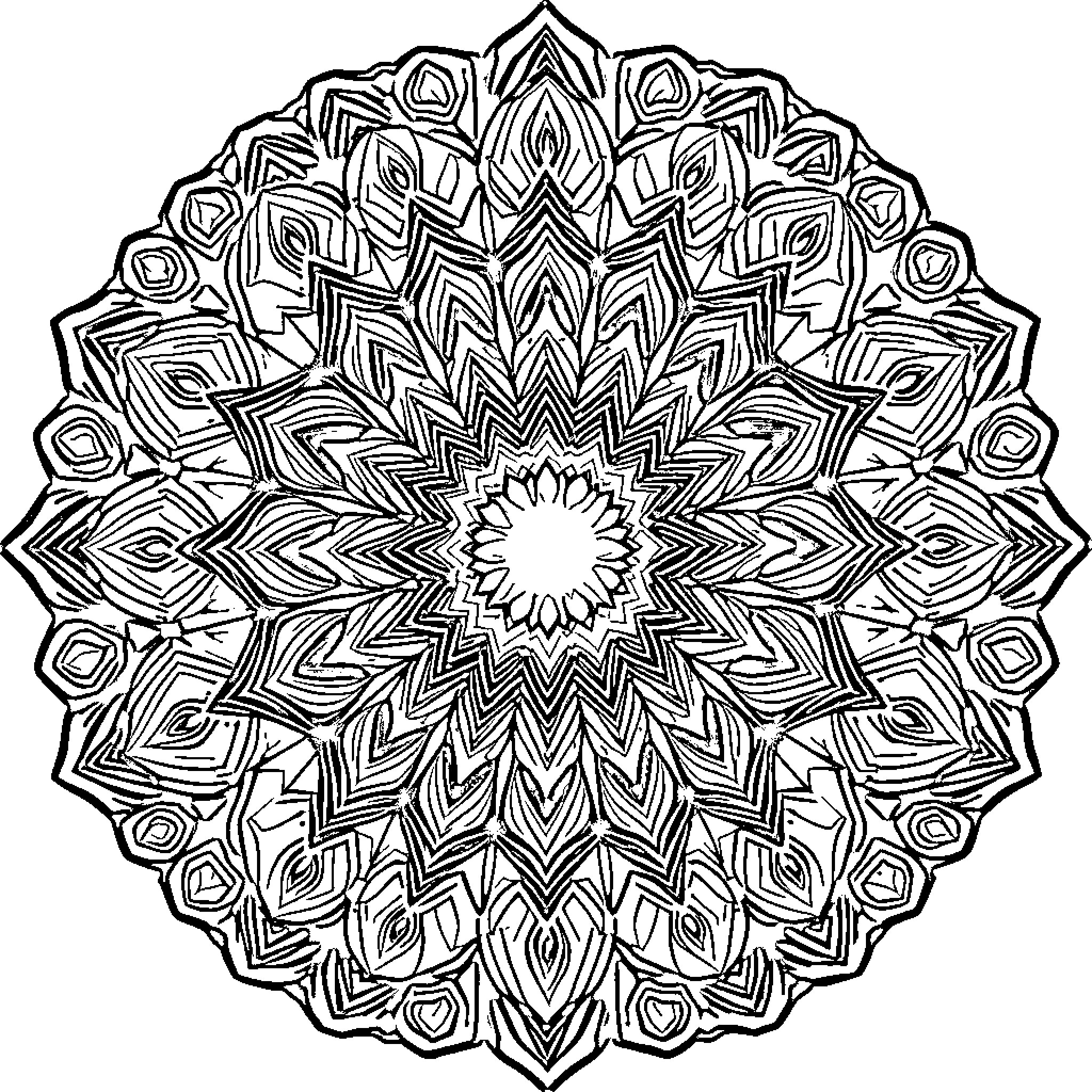 Mandala with intricate geometric patterns and shapes Coloring Page (free black-and-white line drawing printable PDF for all, from beginners to advanced learners, including children, teens, adults, and seniors)