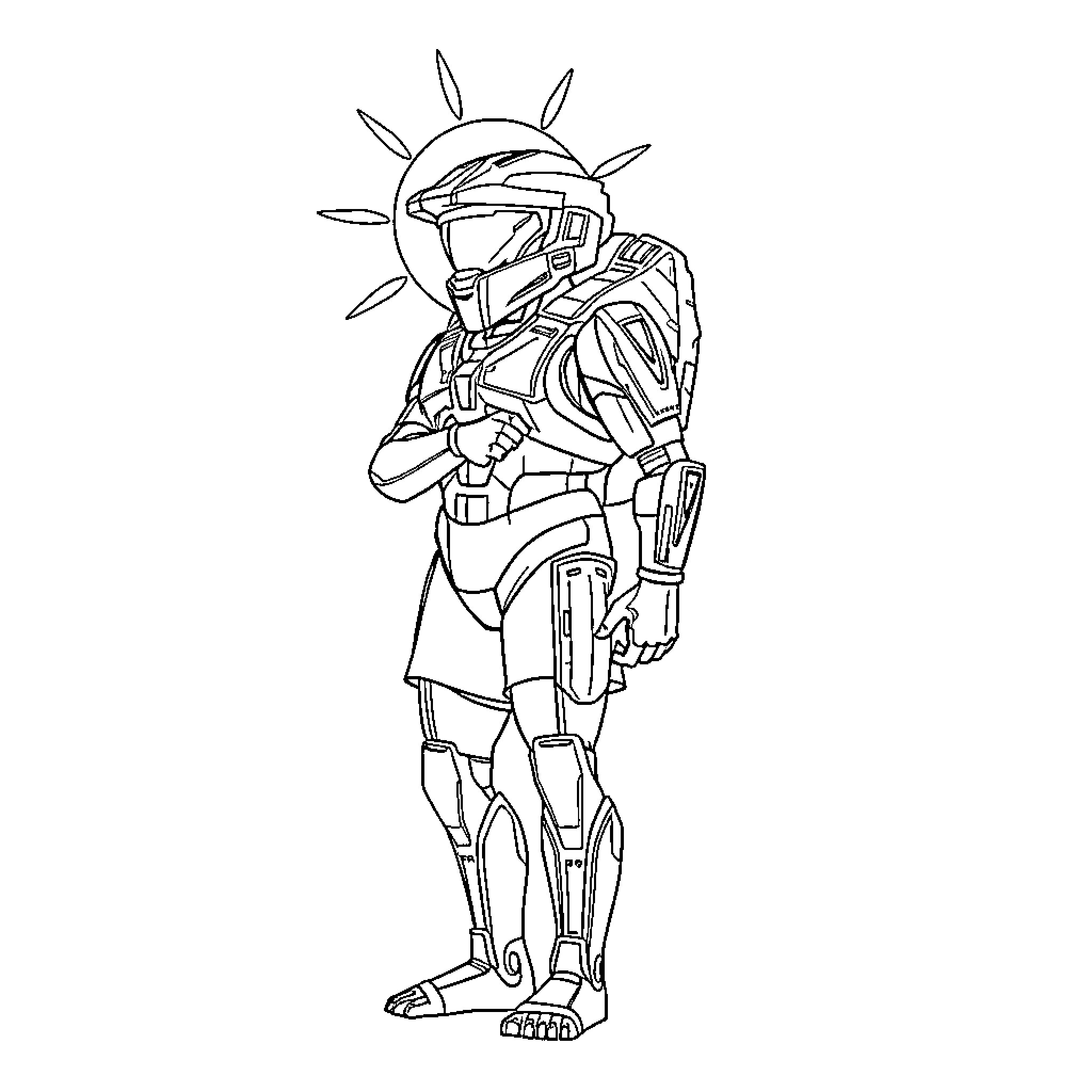 Halo Character in Futuristic Armor Wielding Weapon Coloring Page (free black-and-white line drawing printable PDF for all, from beginners to advanced learners, including children, teens, adults, and seniors)