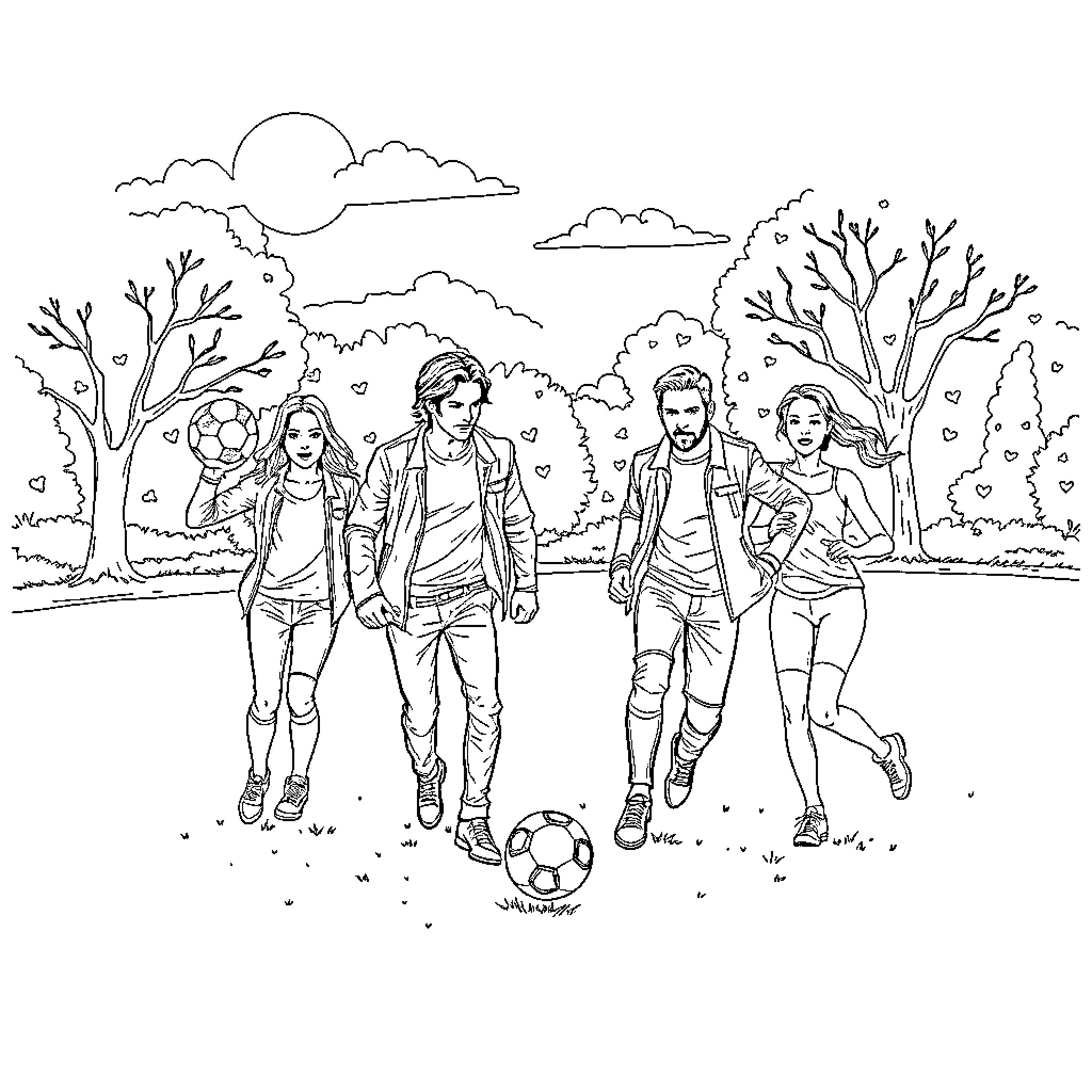 Supernatural Cast Playing Soccer in the Park Coloring Page (free black-and-white line drawing printable PDF for all, from beginners to advanced learners, including children, teens, adults, and seniors)