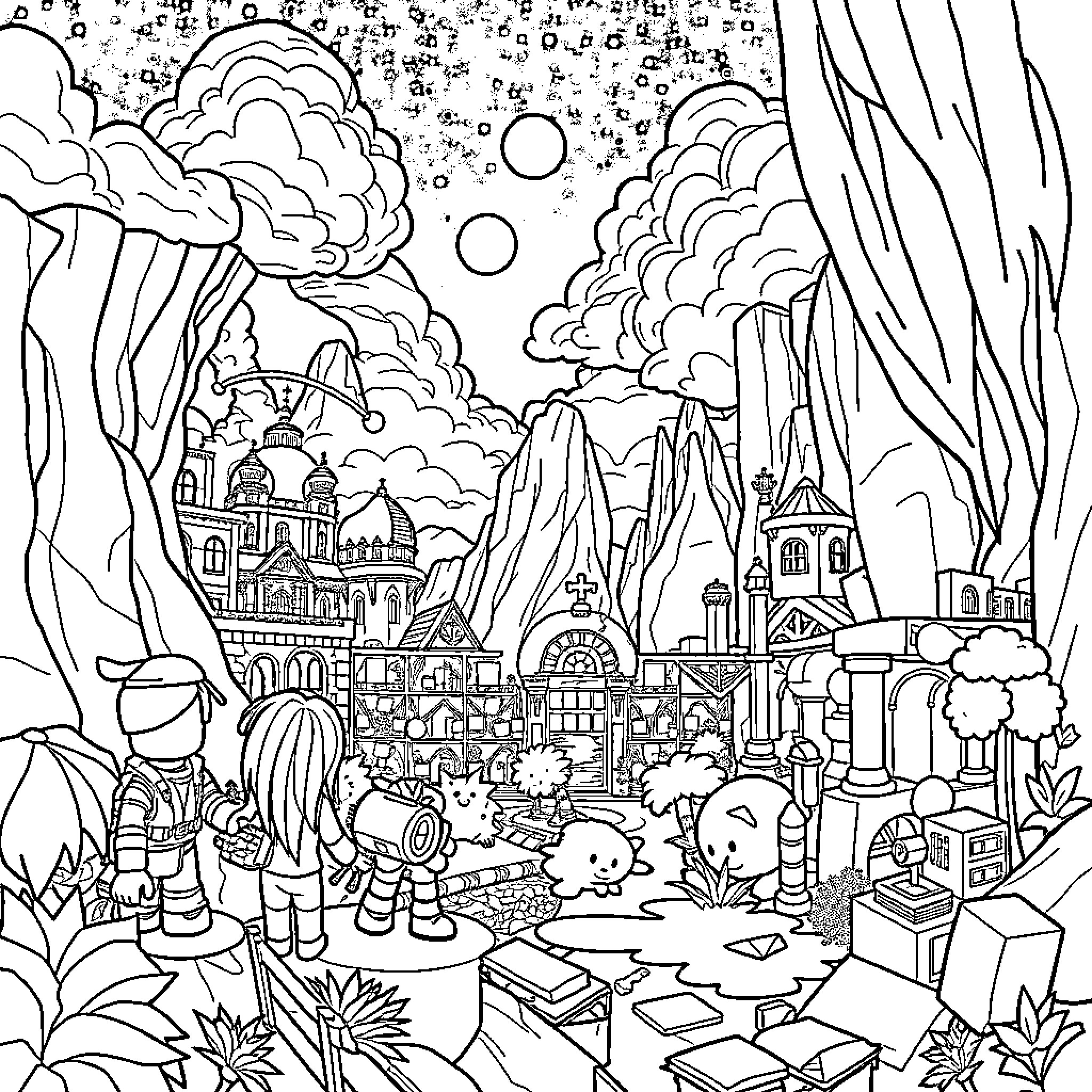 Roblox characters exploring a fantasy world Coloring Page (free black-and-white line drawing printable PDF for all, from beginners to advanced learners, including children, teens, adults, and seniors)