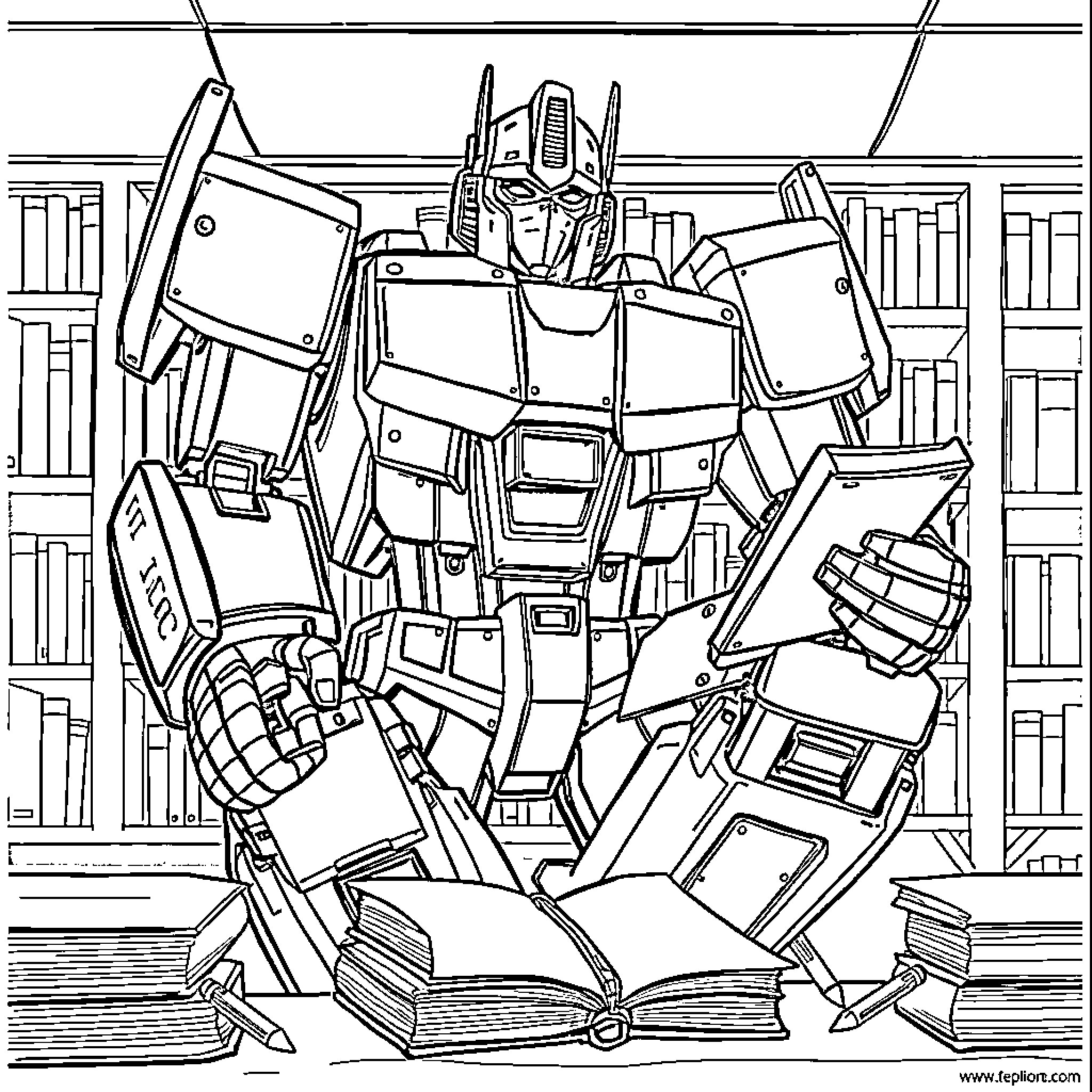 Transformer robot surrounded by books and technology Coloring Page (free black-and-white line drawing printable PDF for all, from beginners to advanced learners, including children, teens, adults, and seniors)