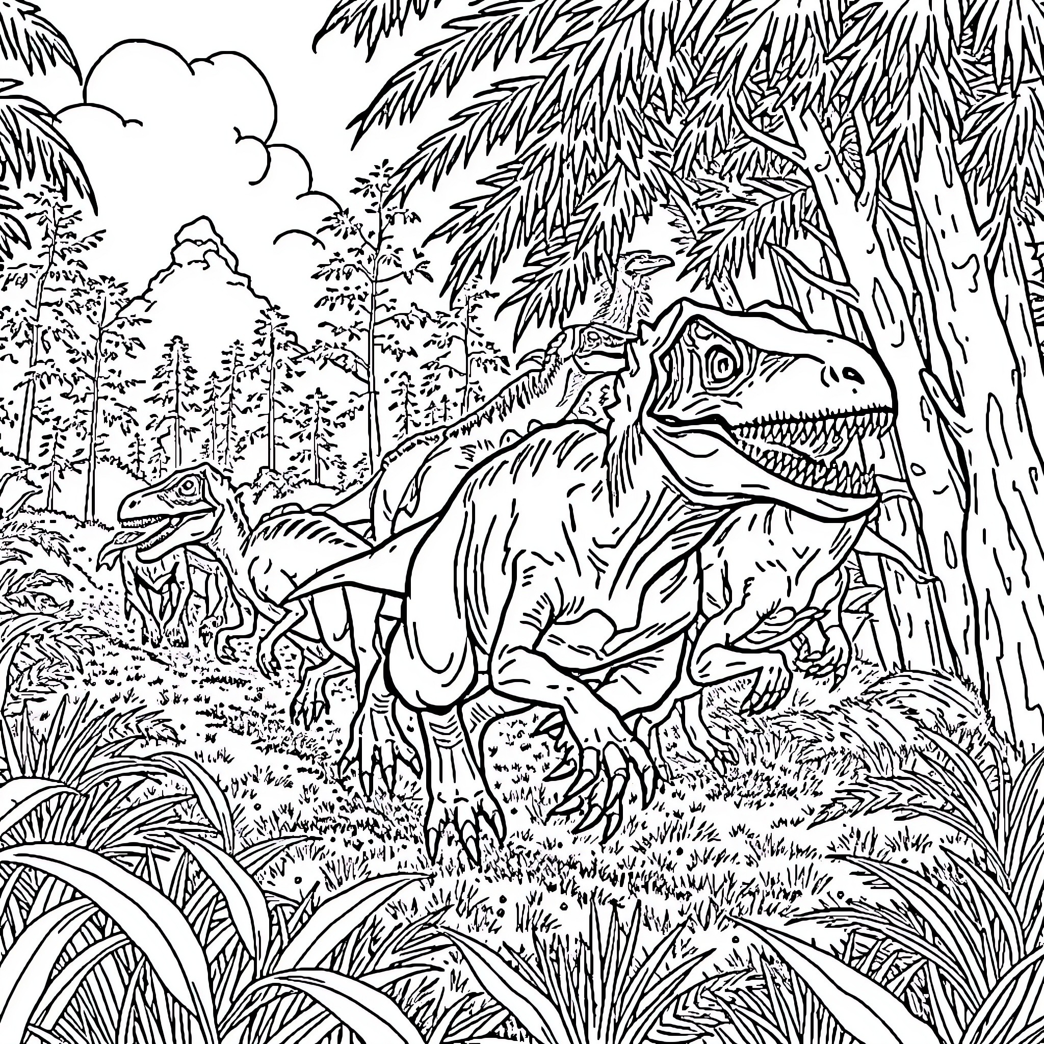 Velociraptor hunting in the prehistoric jungle Coloring Page (free black-and-white line drawing printable PDF for all, from beginners to advanced learners, including children, teens, adults, and seniors)