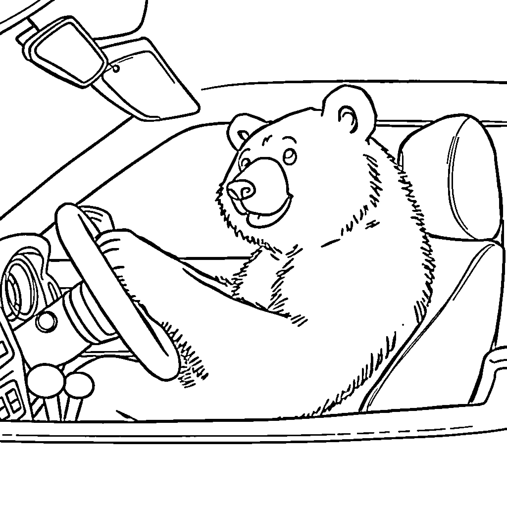 Bear riding in a car with toys and accessories Coloring Page (free black-and-white line drawing printable PDF for all, from beginners to advanced learners, including children, teens, adults, and seniors)