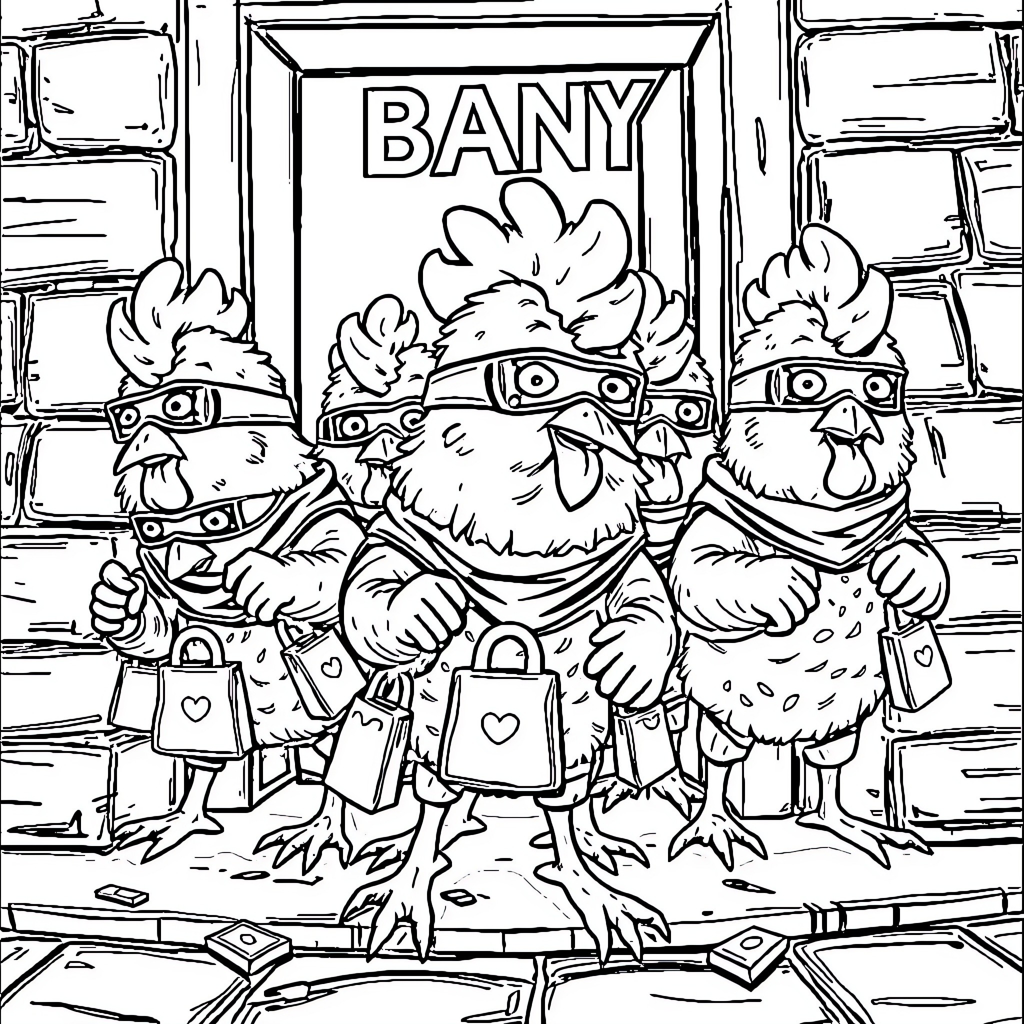 Chicken Nugget Trio Causing Mischief at the Bany Store Coloring Page (free black-and-white line drawing printable PDF for all, from beginners to advanced learners, including children, teens, adults, and seniors)