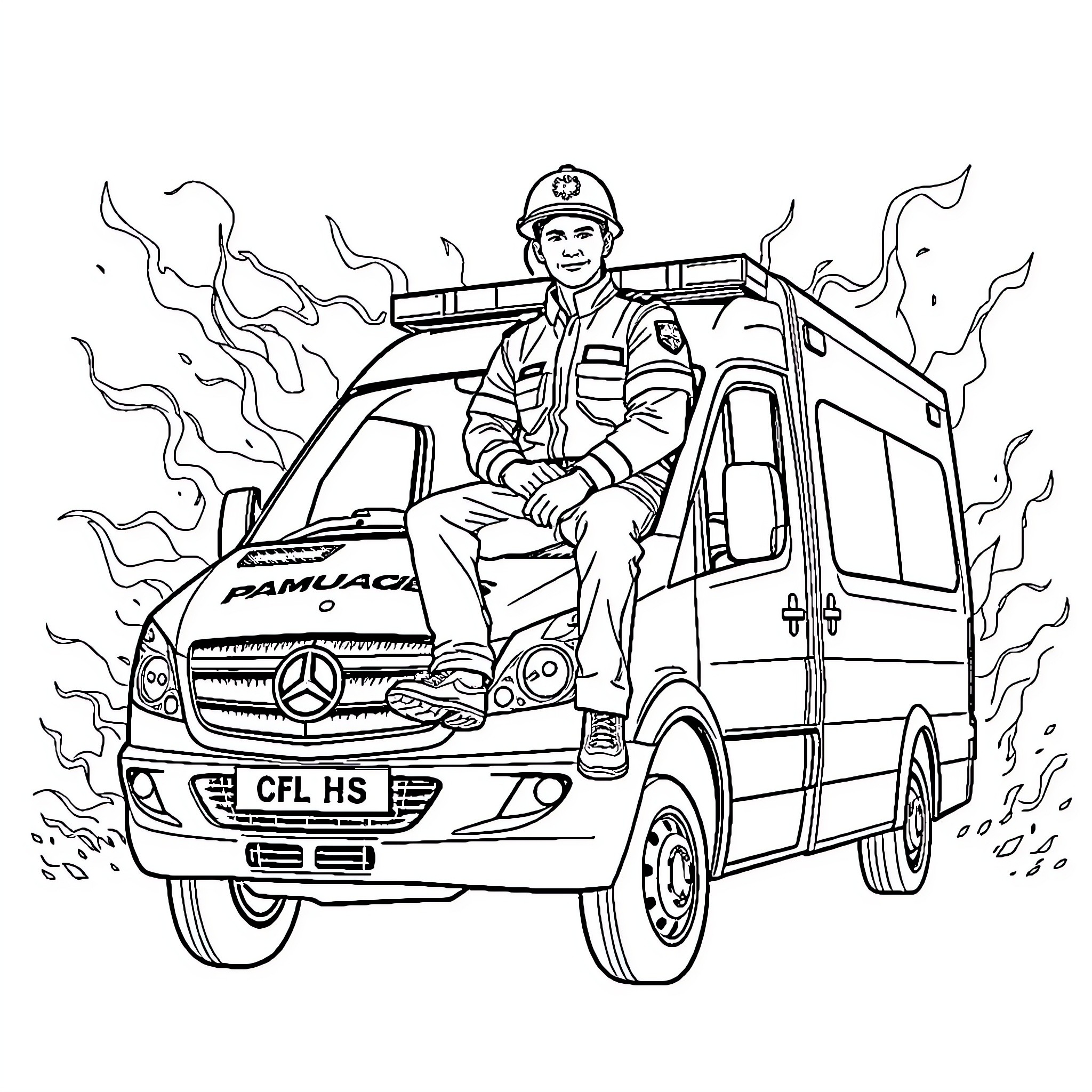 Paramedic Rushes to Assist in Emergency Situation Coloring Page (free black-and-white line drawing printable PDF for all, from beginners to advanced learners, including children, teens, adults, and seniors)