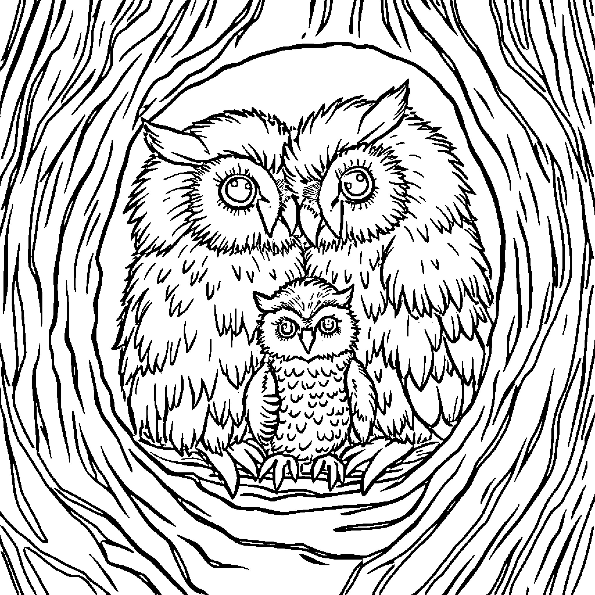 Owl family peering through forest foliage Coloring Page (free black-and-white line drawing printable PDF for all, from beginners to advanced learners, including children, teens, adults, and seniors)