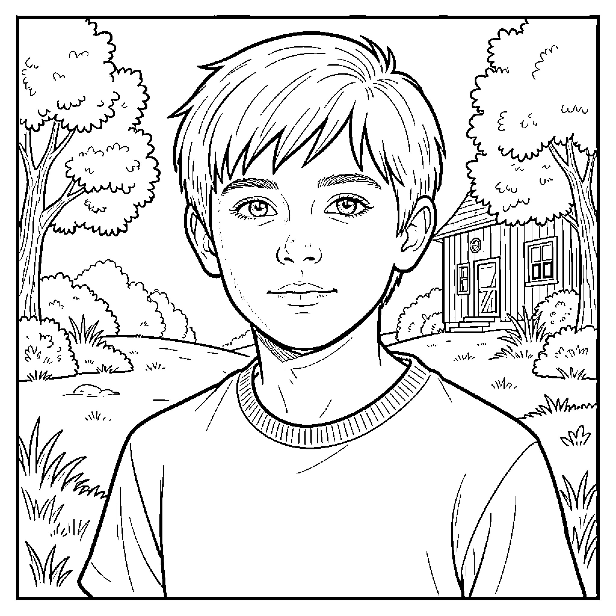 Walker Scobell posing with a neutral expression outdoors Coloring Page (free black-and-white line drawing printable PDF for all, from beginners to advanced learners, including children, teens, adults, and seniors)