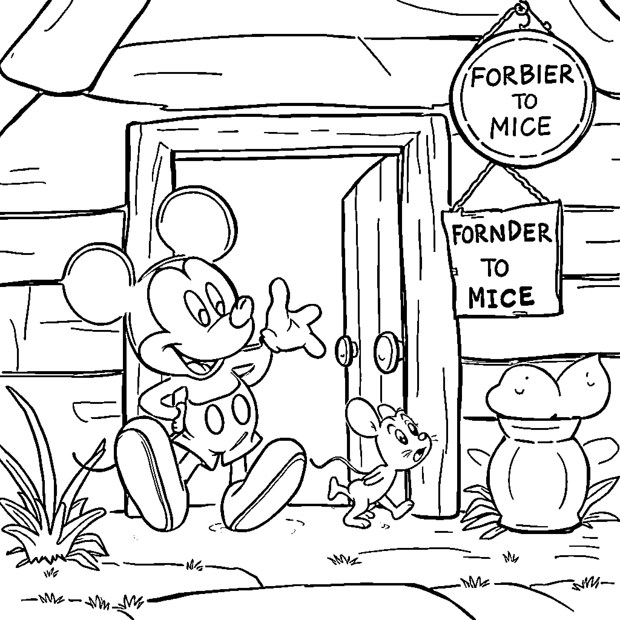 Mickey Mouse invites mice to his home Coloring Page (free black-and-white line drawing printable PDF for all, from beginners to advanced learners, including children, teens, adults, and seniors)