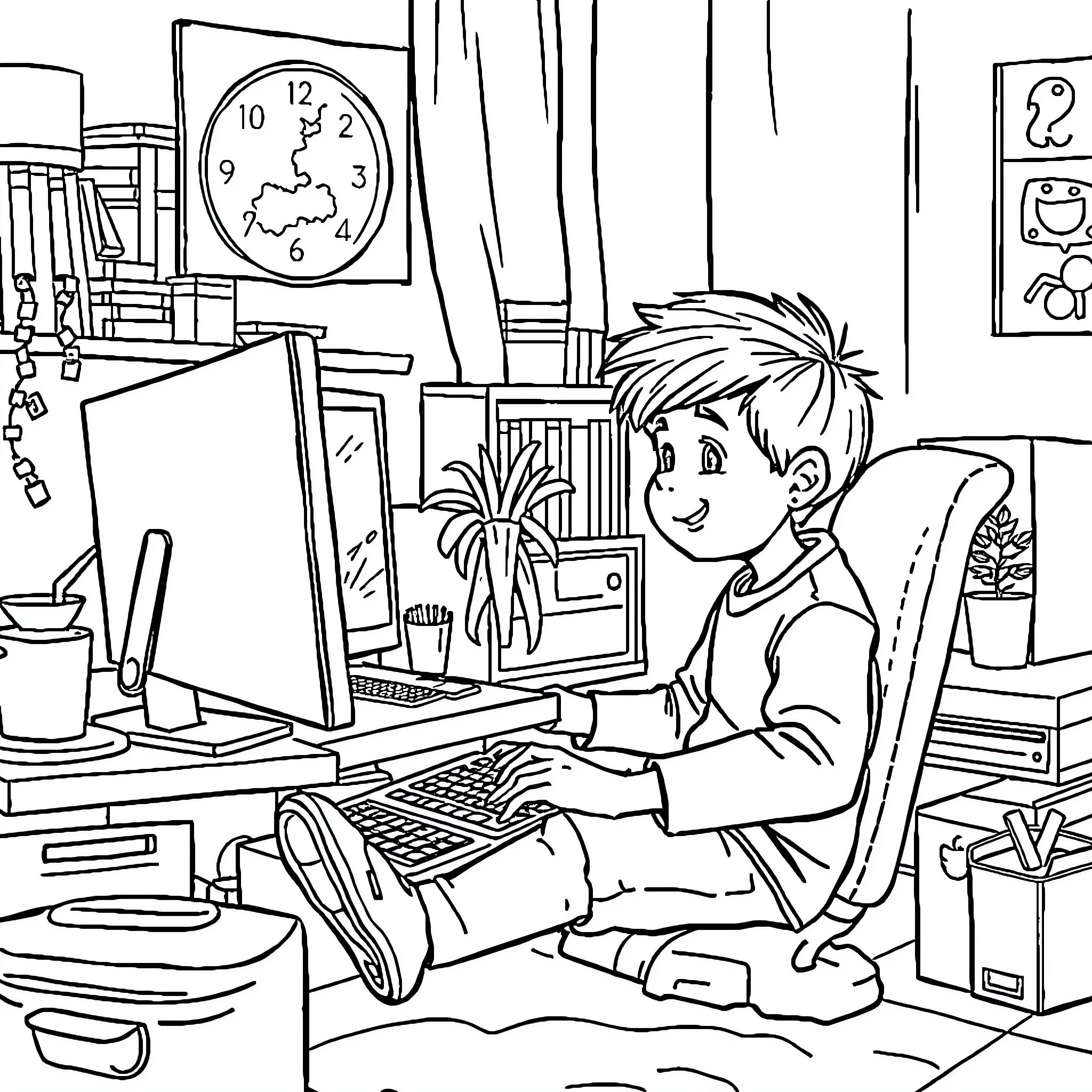 Computer Boy Working Hard at His Desk Coloring Page (free black-and-white line drawing printable PDF for all, from beginners to advanced learners, including children, teens, adults, and seniors)