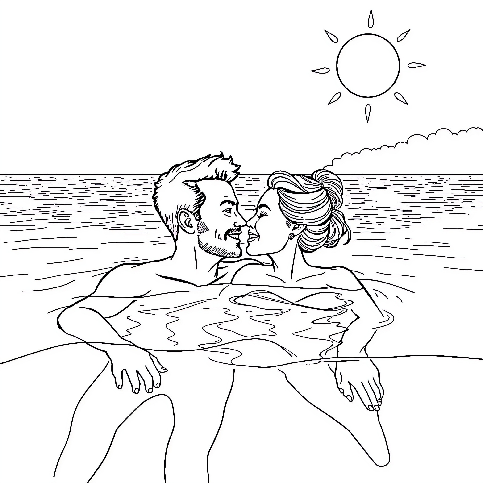 Pareja enjoying a romantic moment in the ocean Coloring Page (free black-and-white line drawing printable PDF for all, from beginners to advanced learners, including children, teens, adults, and seniors)