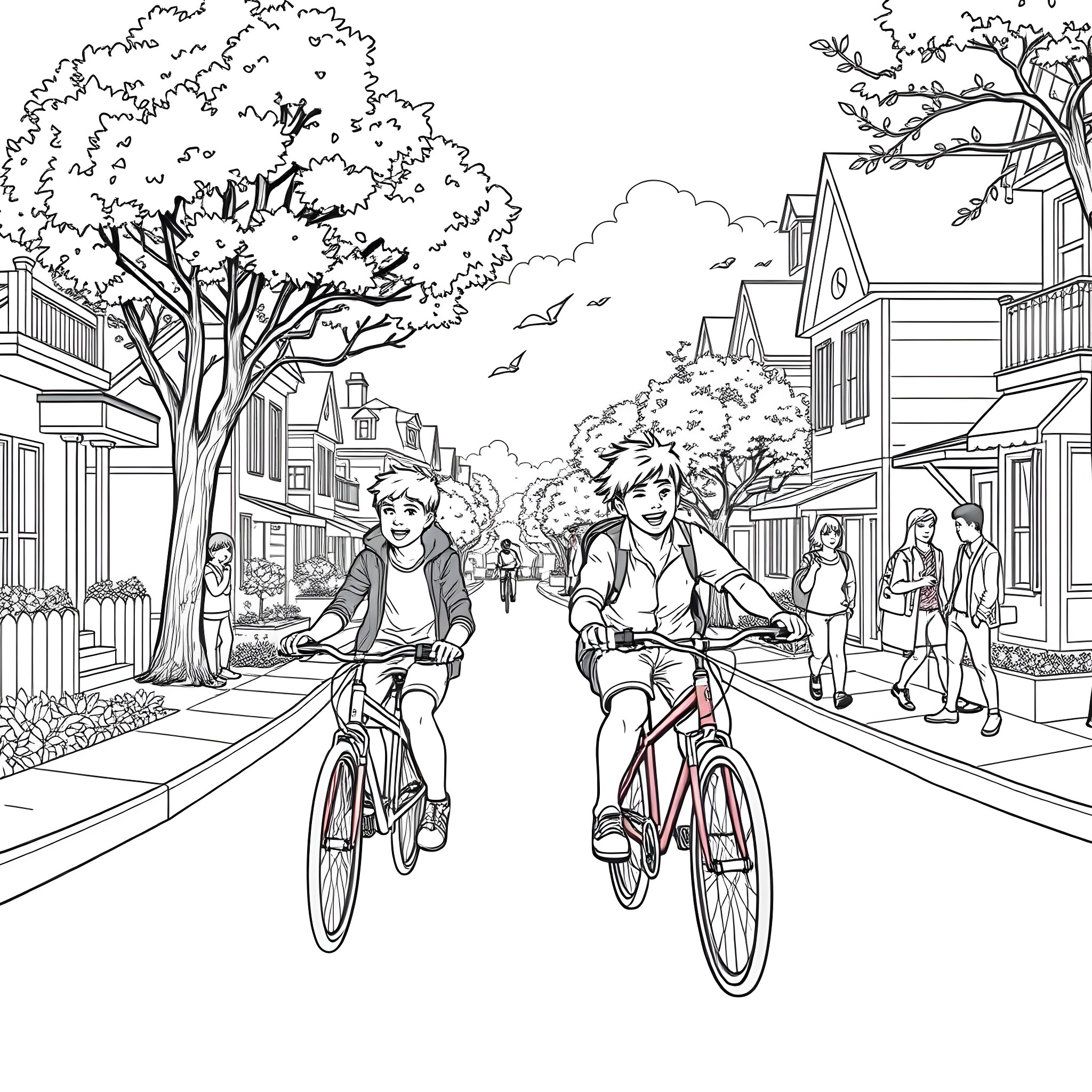 Boy riding bicycles with friends in a neighborhood Coloring Page (free black-and-white line drawing printable PDF for all, from beginners to advanced learners, including children, teens, adults, and seniors)