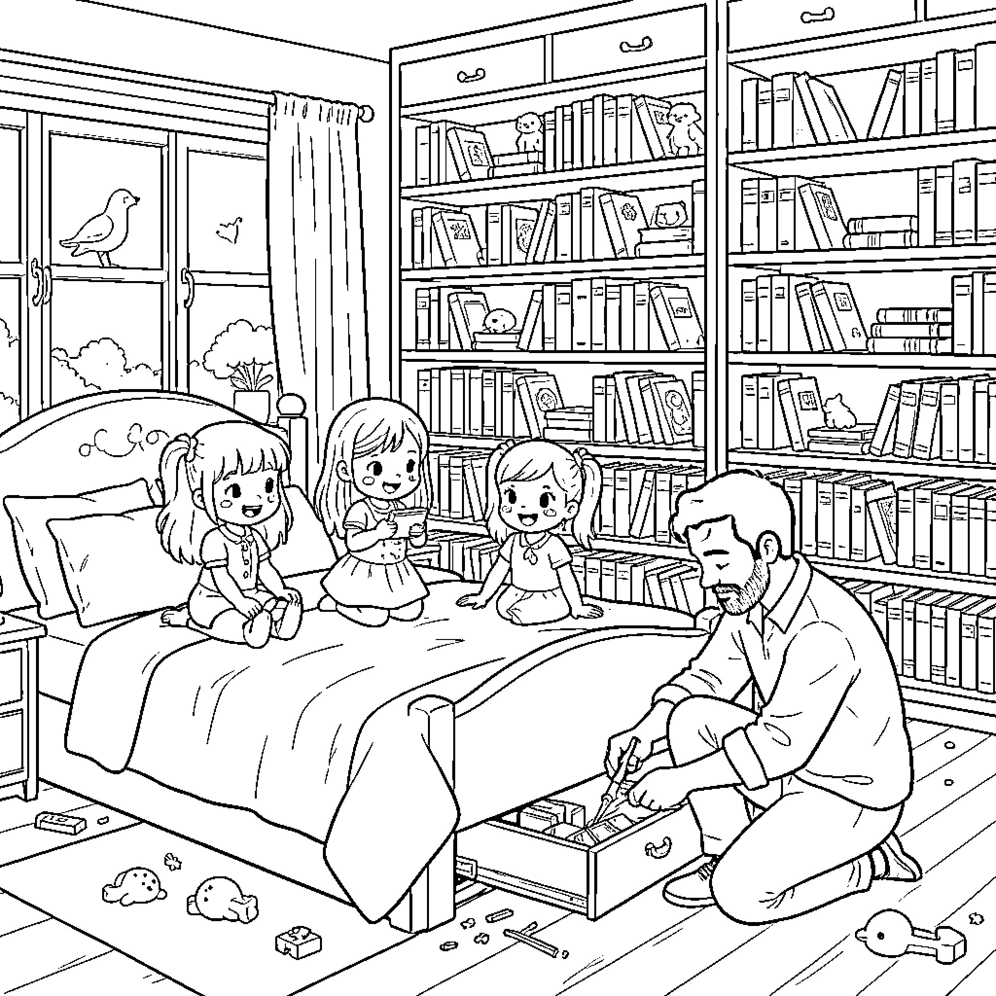 Fille sitting on bed reading with her father Coloring Page (free black-and-white line drawing printable PDF for all, from beginners to advanced learners, including children, teens, adults, and seniors)