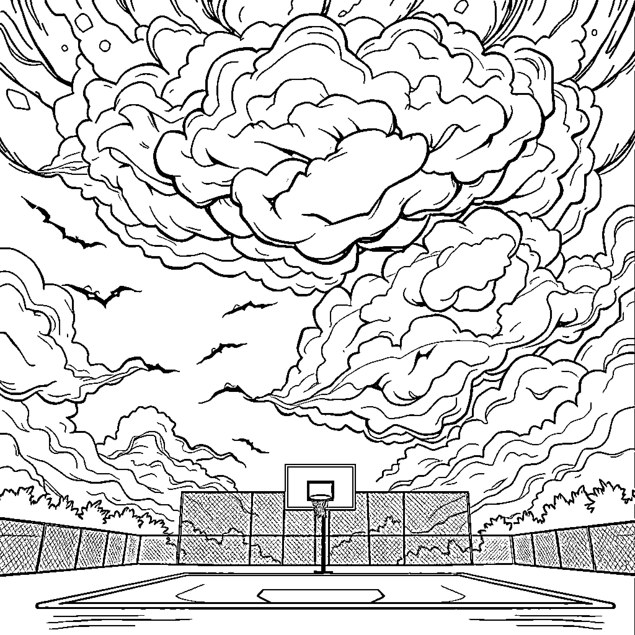 Storm Clouds Gather over Outdoor Basketball Court Coloring Page (free black-and-white line drawing printable PDF for all, from beginners to advanced learners, including children, teens, adults, and seniors)
