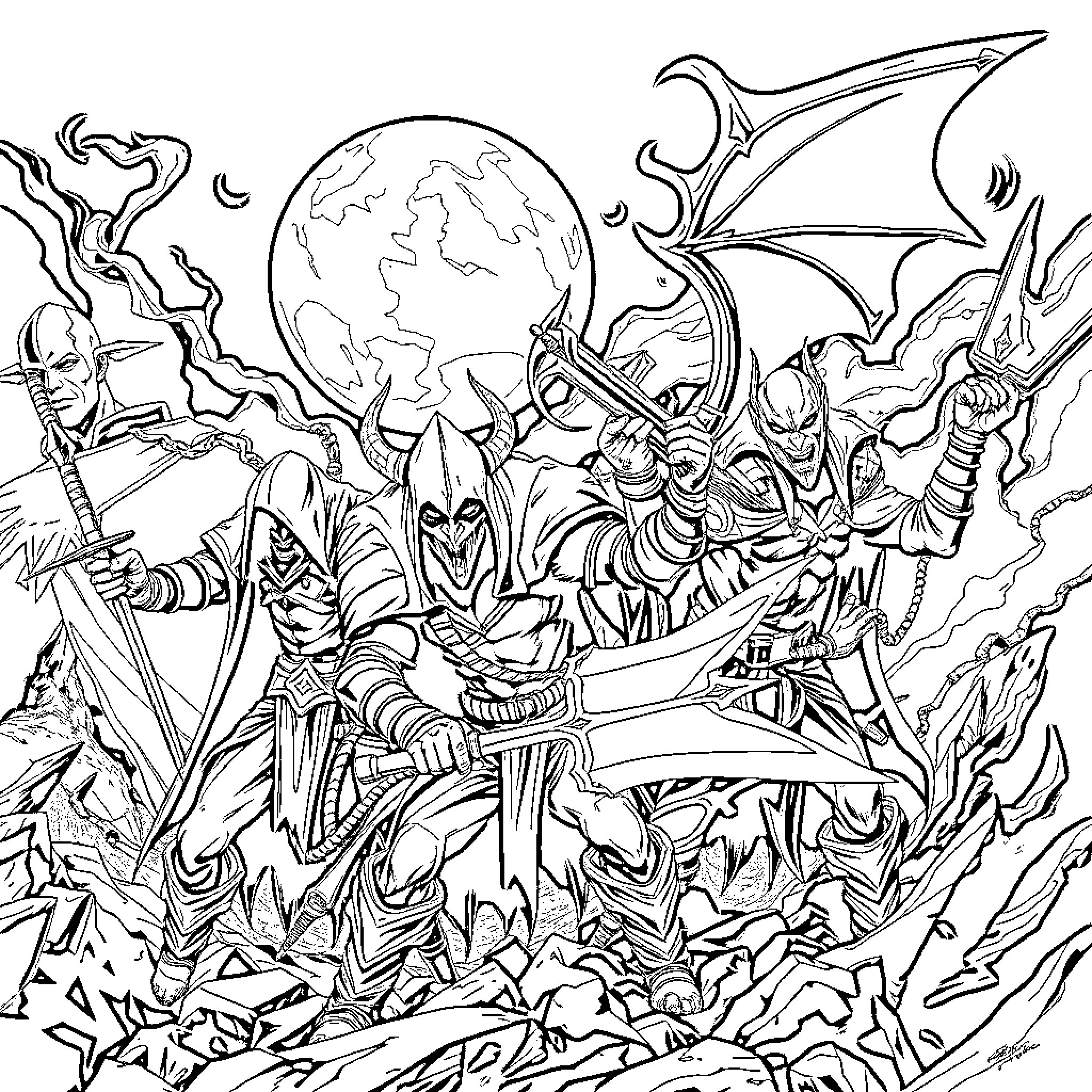 Demon Hunter Warriors Battling Mythical Creatures Coloring Page (free black-and-white line drawing printable PDF for all, from beginners to advanced learners, including children, teens, adults, and seniors)