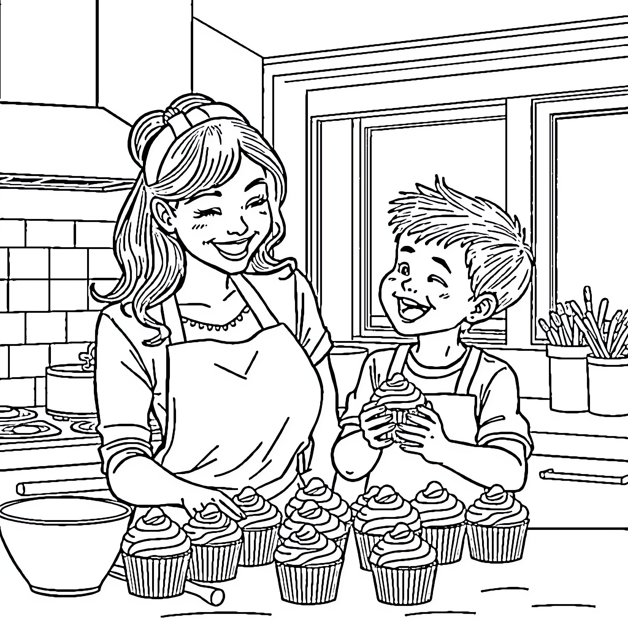 Woman and child baking cupcakes together in the kitchen Coloring Page (free black-and-white line drawing printable PDF for all, from beginners to advanced learners, including children, teens, adults, and seniors)