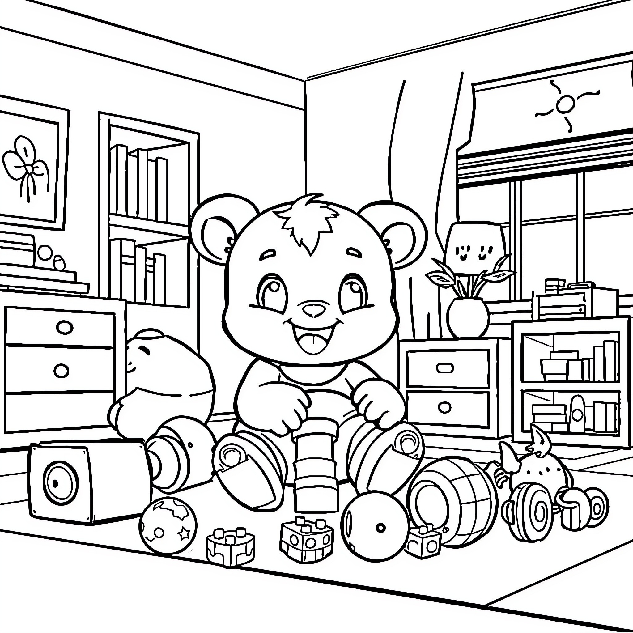 Labubu playing happily with toys in the room Coloring Page (free black-and-white line drawing printable PDF for all, from beginners to advanced learners, including children, teens, adults, and seniors)