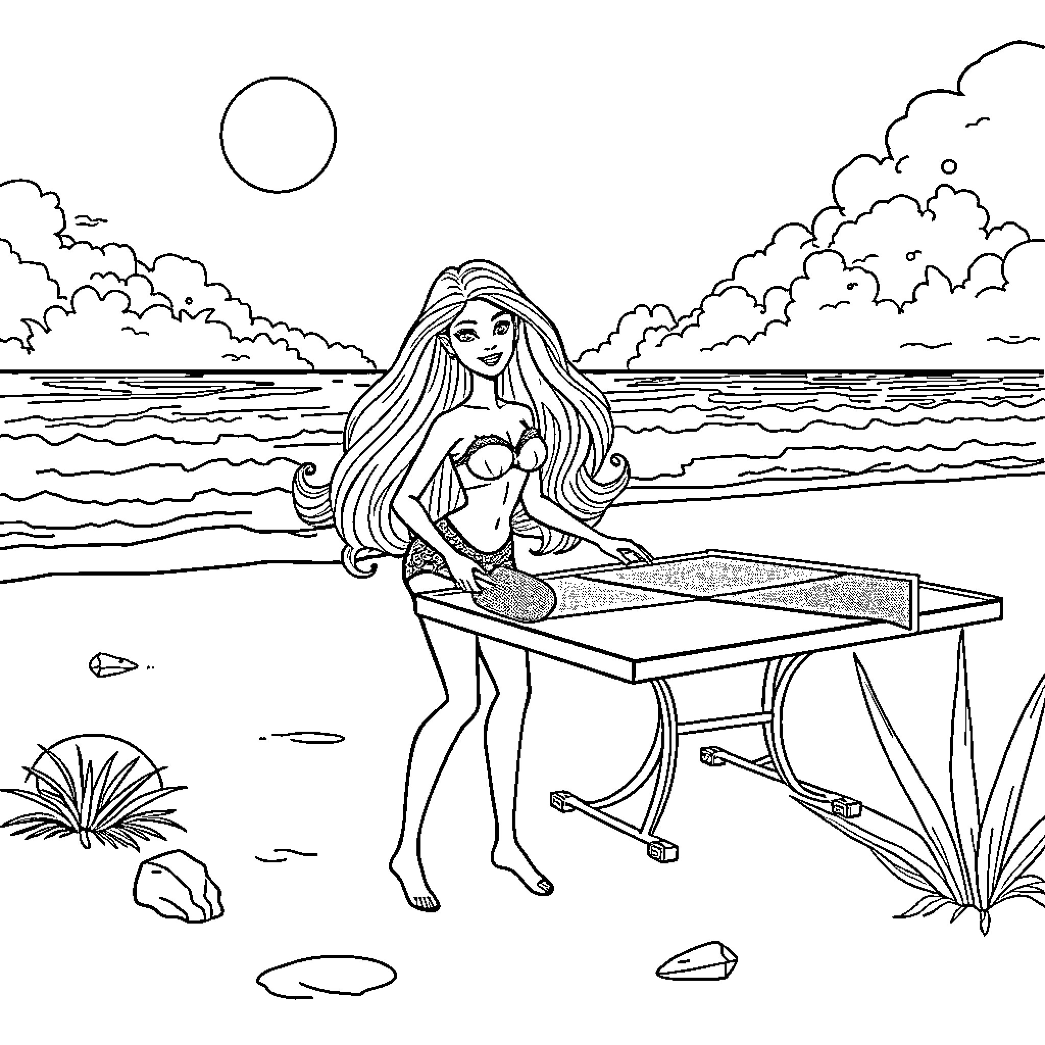 Barbie enjoying a day at the beach Coloring Page (free black-and-white line drawing printable PDF for all, from beginners to advanced learners, including children, teens, adults, and seniors)