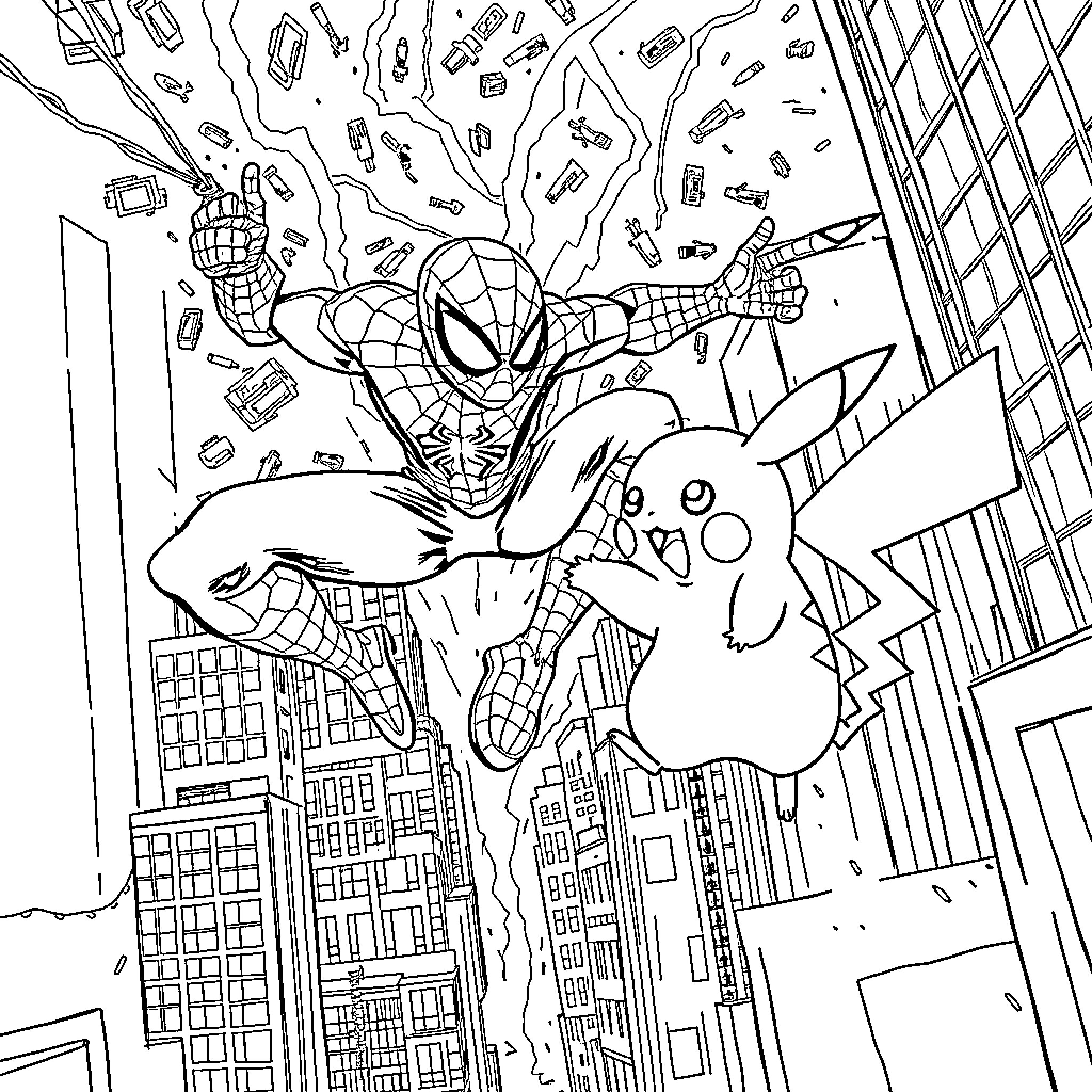 Spiderman swinging through the city with Pikachu Coloring Page (free black-and-white line drawing printable PDF for all, from beginners to advanced learners, including children, teens, adults, and seniors)