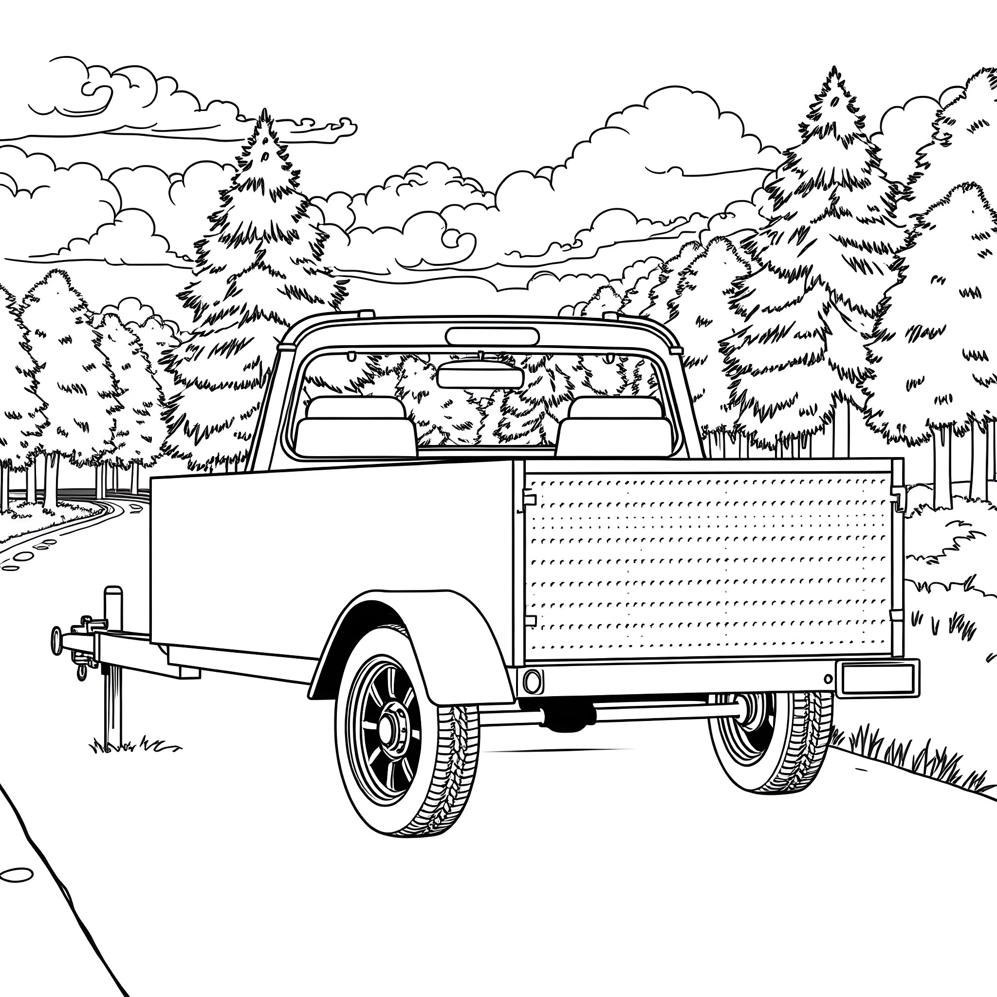 Car Trailer Transporting Goods Through Forested Landscape Coloring Page (free black-and-white line drawing printable PDF for all, from beginners to advanced learners, including children, teens, adults, and seniors)