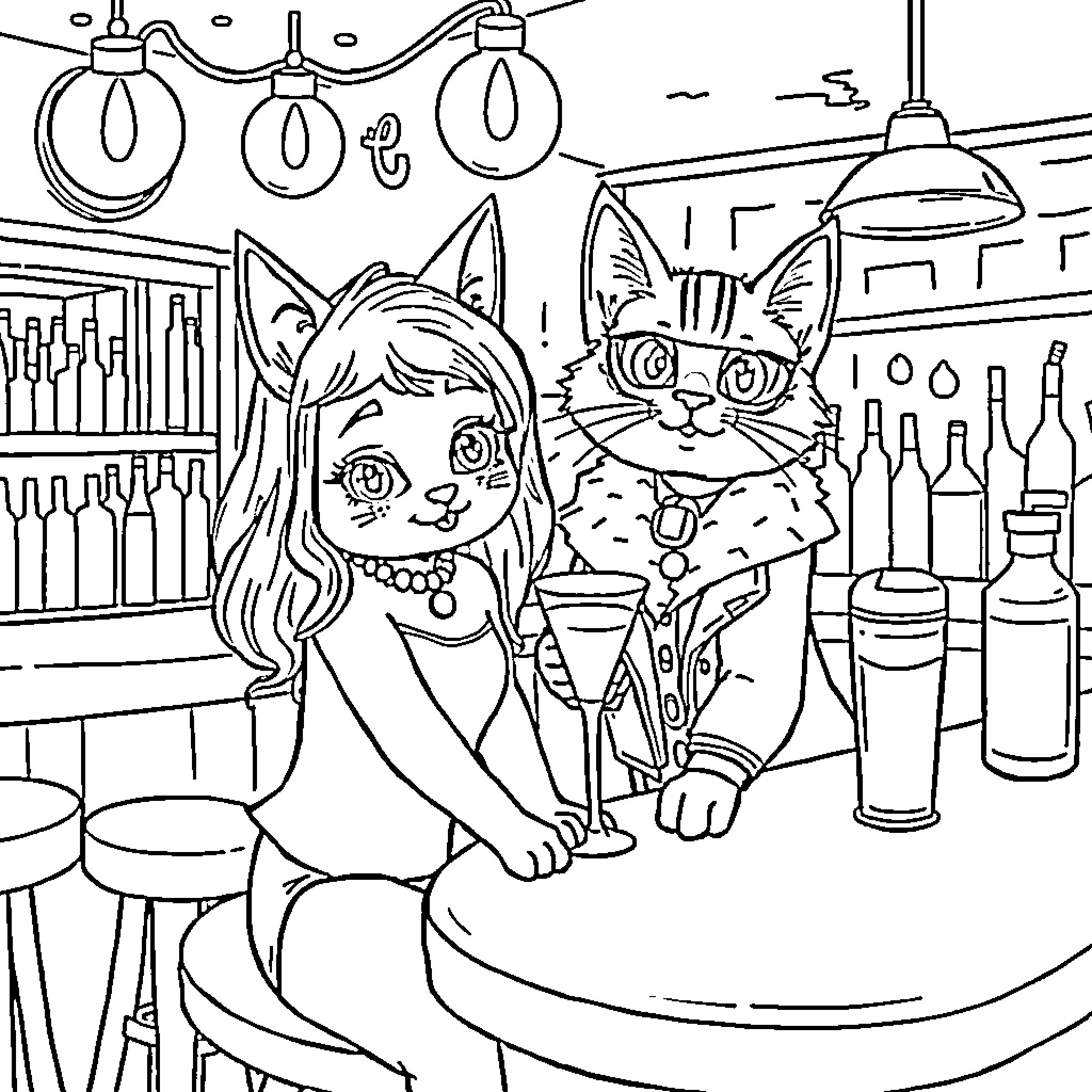 Cat and Owner Enjoying a Night Out Coloring Page (free black-and-white line drawing printable PDF for all, from beginners to advanced learners, including children, teens, adults, and seniors)