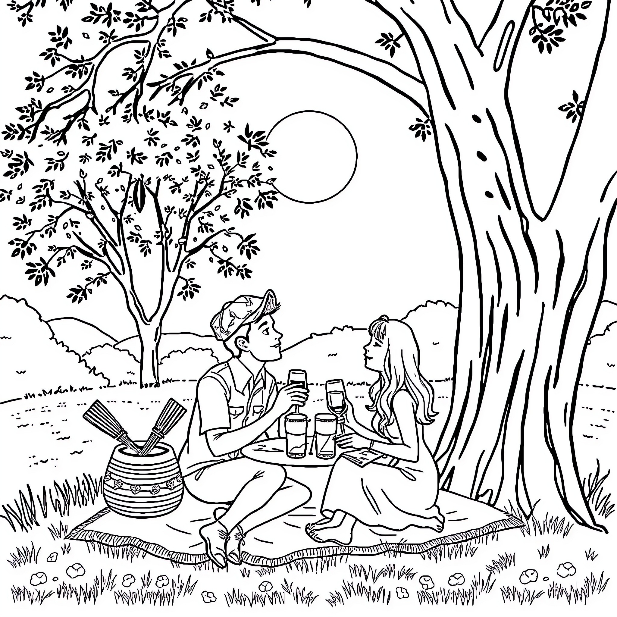 Couple enjoying a romantic picnic under the moonlight Coloring Page (free black-and-white line drawing printable PDF for all, from beginners to advanced learners, including children, teens, adults, and seniors)