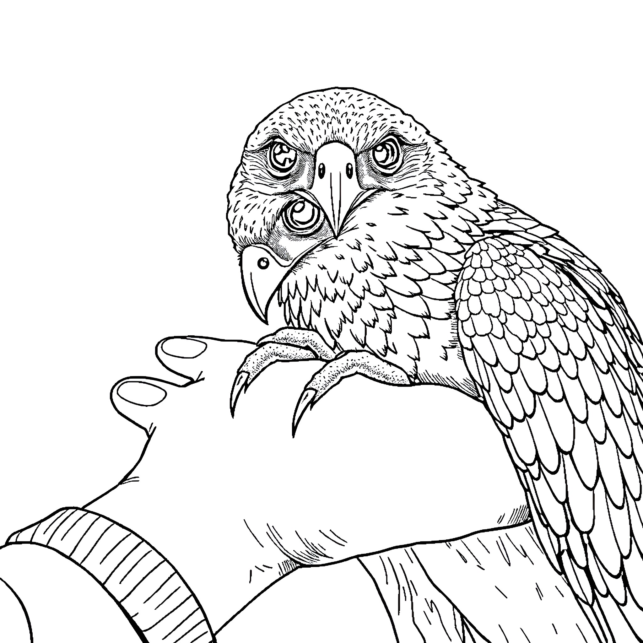 Raptor resting on a branch in the wild Coloring Page (free black-and-white line drawing printable PDF for all, from beginners to advanced learners, including children, teens, adults, and seniors)