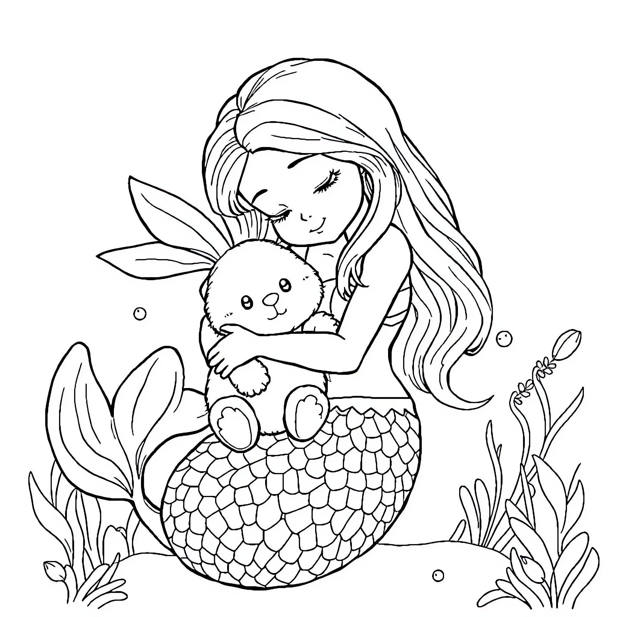 Mermaid holding adorable sea creature Coloring Page (free black-and-white line drawing printable PDF for all, from beginners to advanced learners, including children, teens, adults, and seniors)