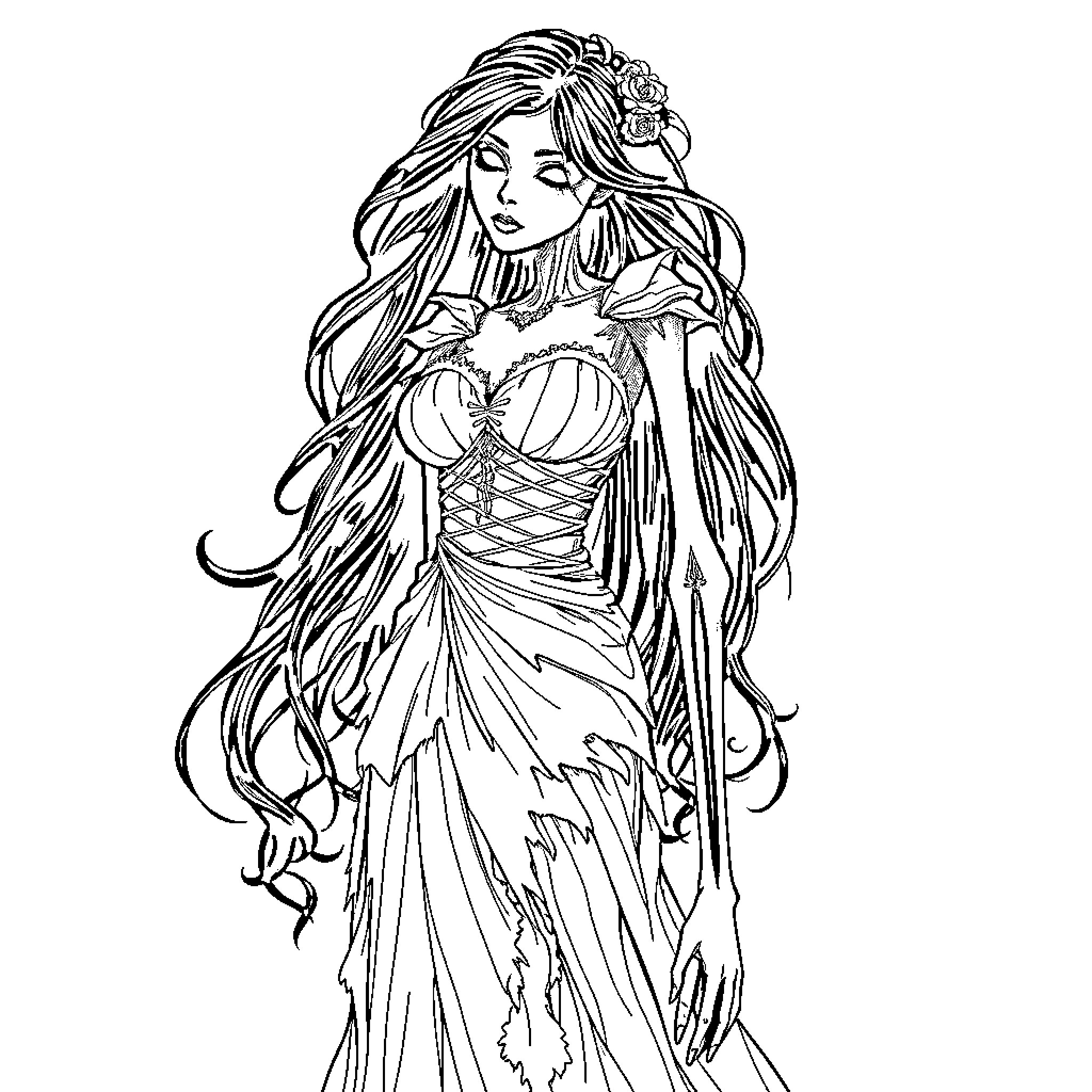 Corpse Bride's Ethereal Elegance Coloring Page (free black-and-white line drawing printable PDF for all, from beginners to advanced learners, including children, teens, adults, and seniors)