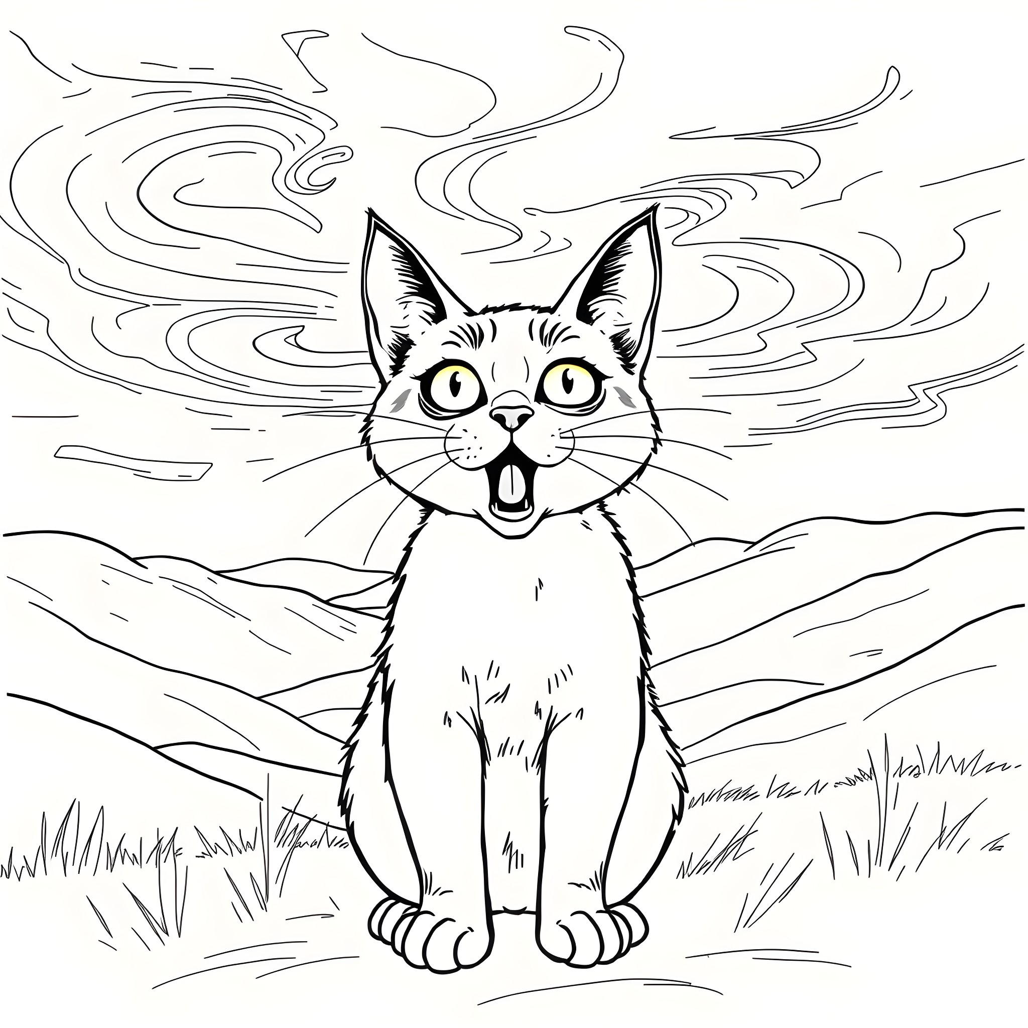 Cat surprised by the windy landscape Coloring Page (free black-and-white line drawing printable PDF for all, from beginners to advanced learners, including children, teens, adults, and seniors)