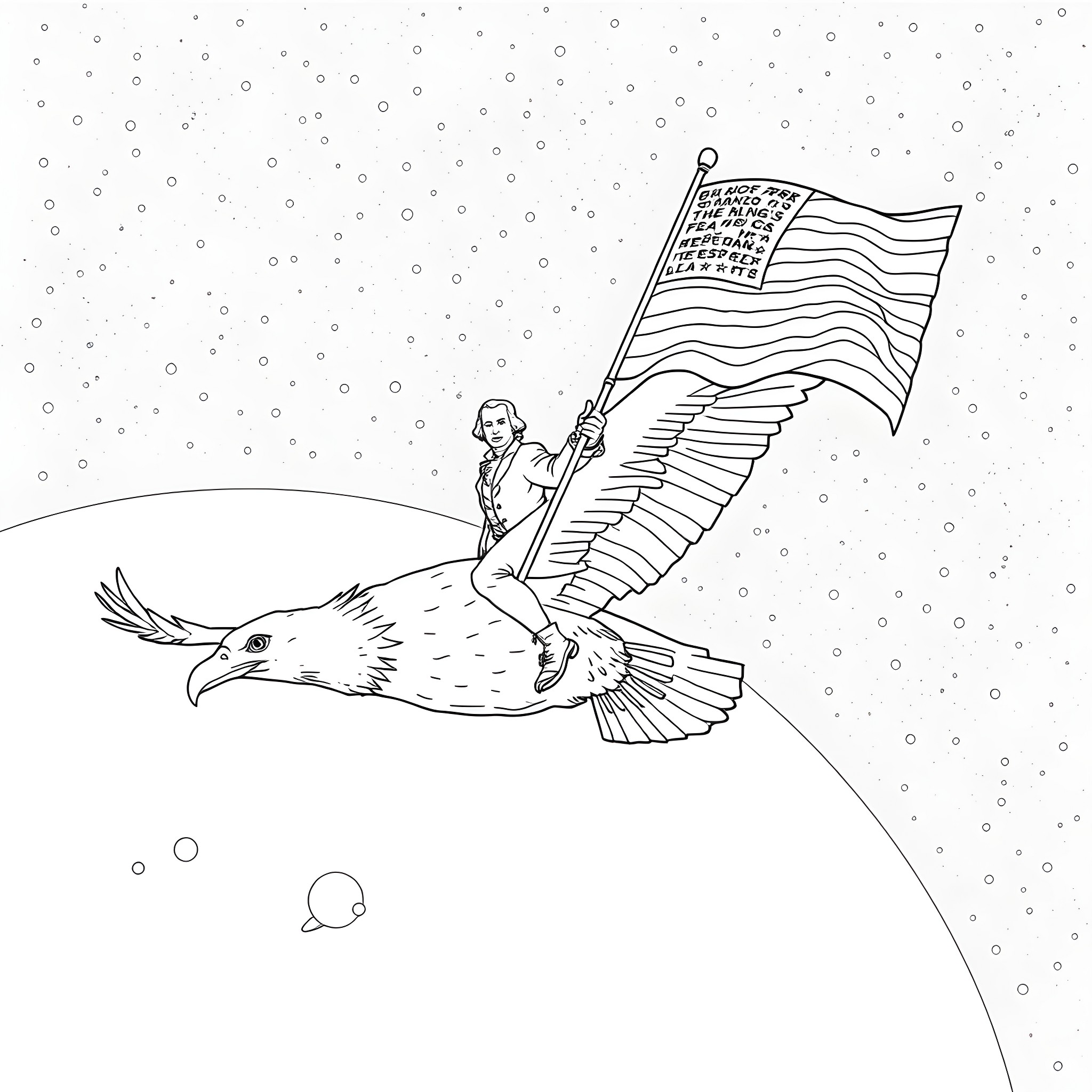 George Washington riding a majestic eagle carrying an American flag Coloring Page (free black-and-white line drawing printable PDF for all, from beginners to advanced learners, including children, teens, adults, and seniors)