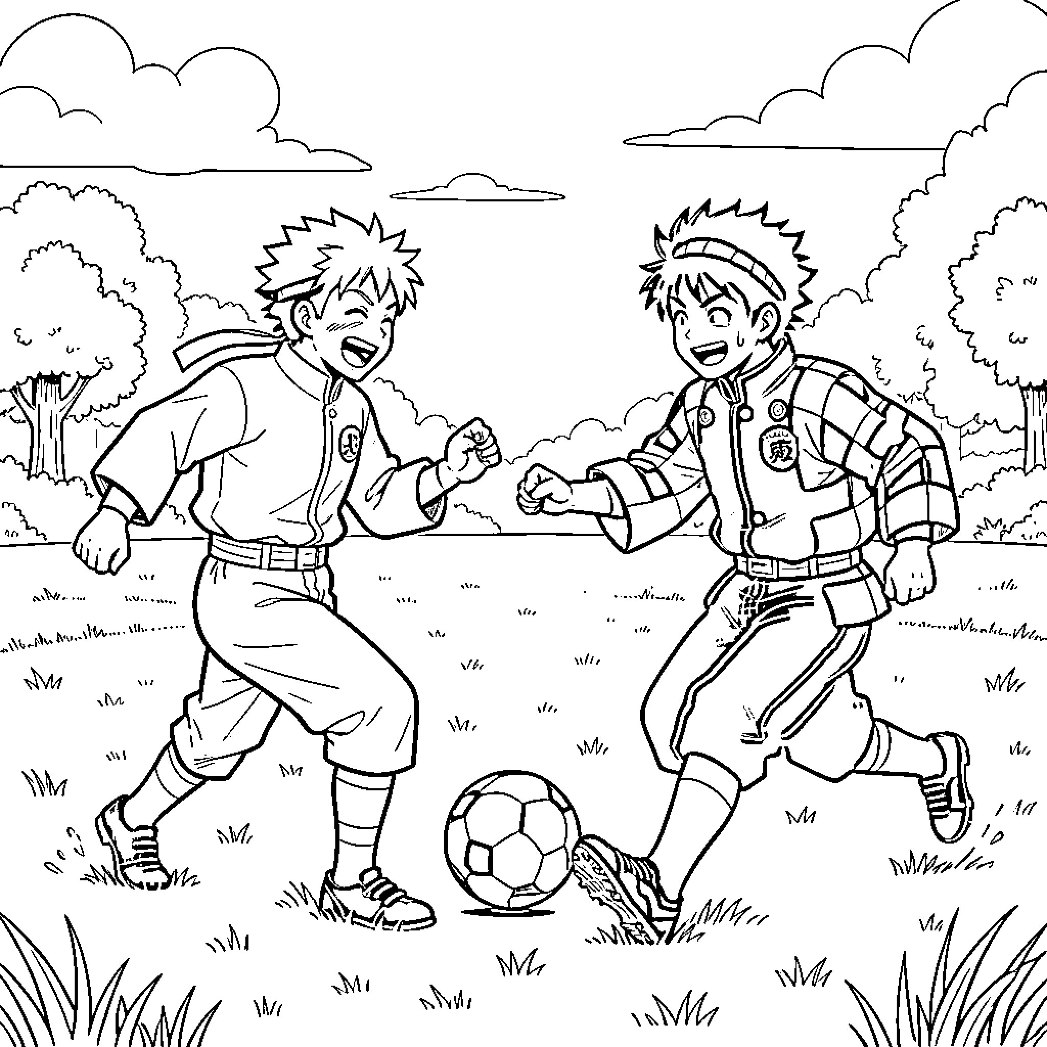 Eren and a friend playing soccer in a park Coloring Page (free black-and-white line drawing printable PDF for all, from beginners to advanced learners, including children, teens, adults, and seniors)