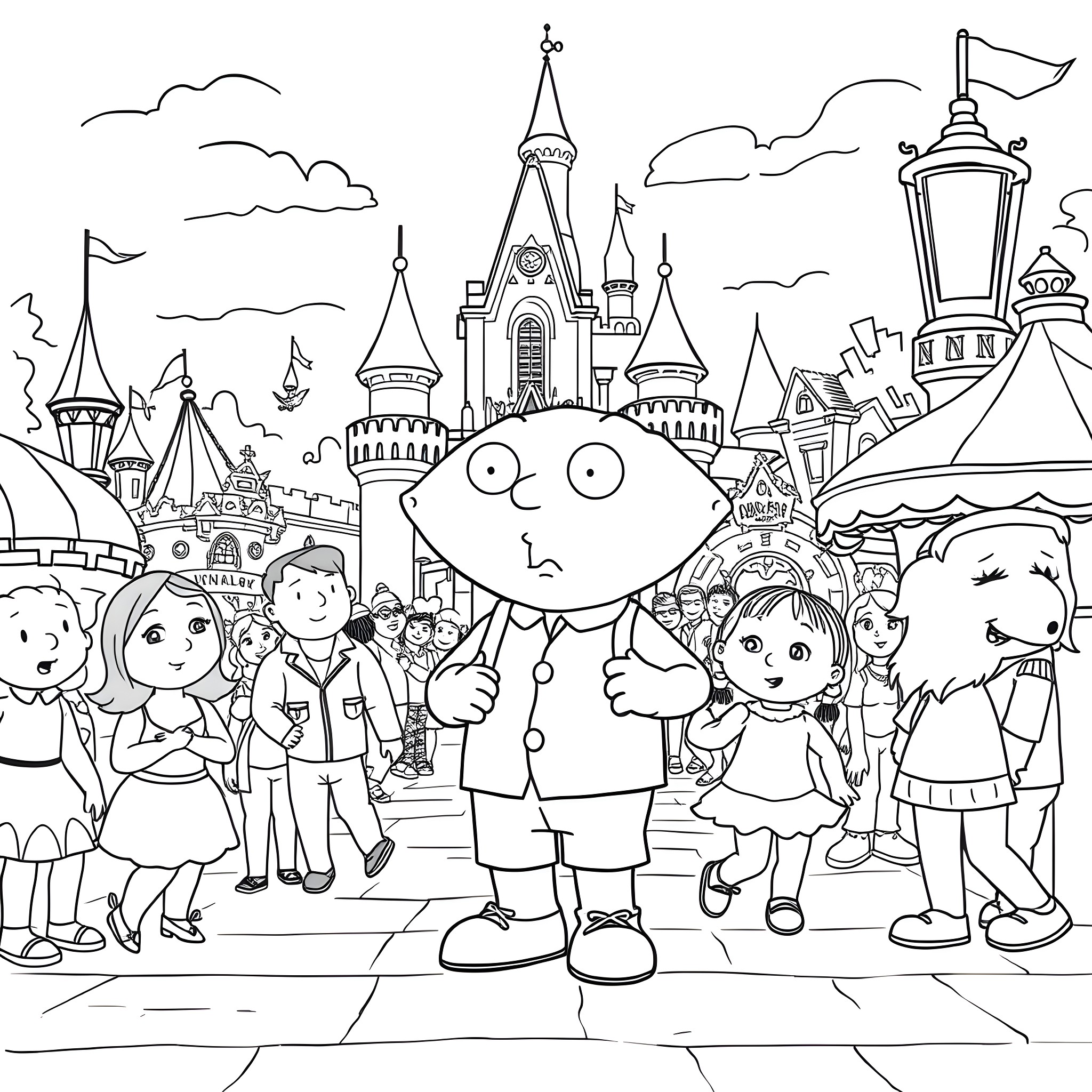 Stewie Griffin at the Magical Kingdom with Friends Coloring Page (free black-and-white line drawing printable PDF for all, from beginners to advanced learners, including children, teens, adults, and seniors)