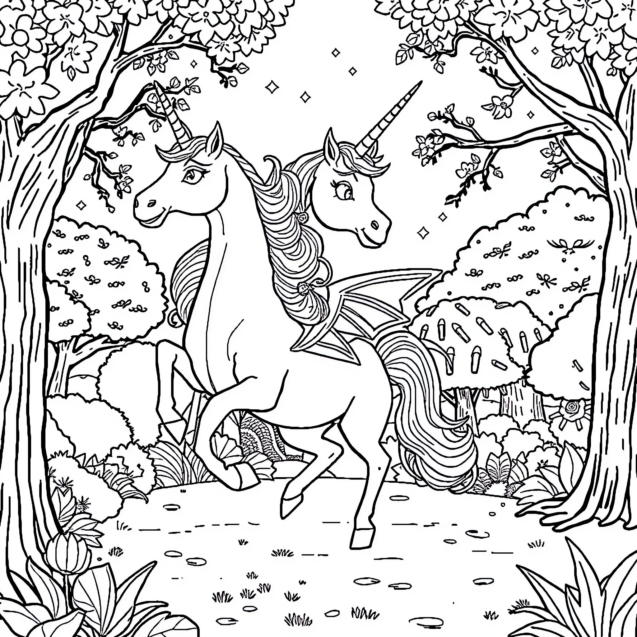 Licorne unicorns playing in magical forest Coloring Page (free black-and-white line drawing printable PDF for all, from beginners to advanced learners, including children, teens, adults, and seniors)