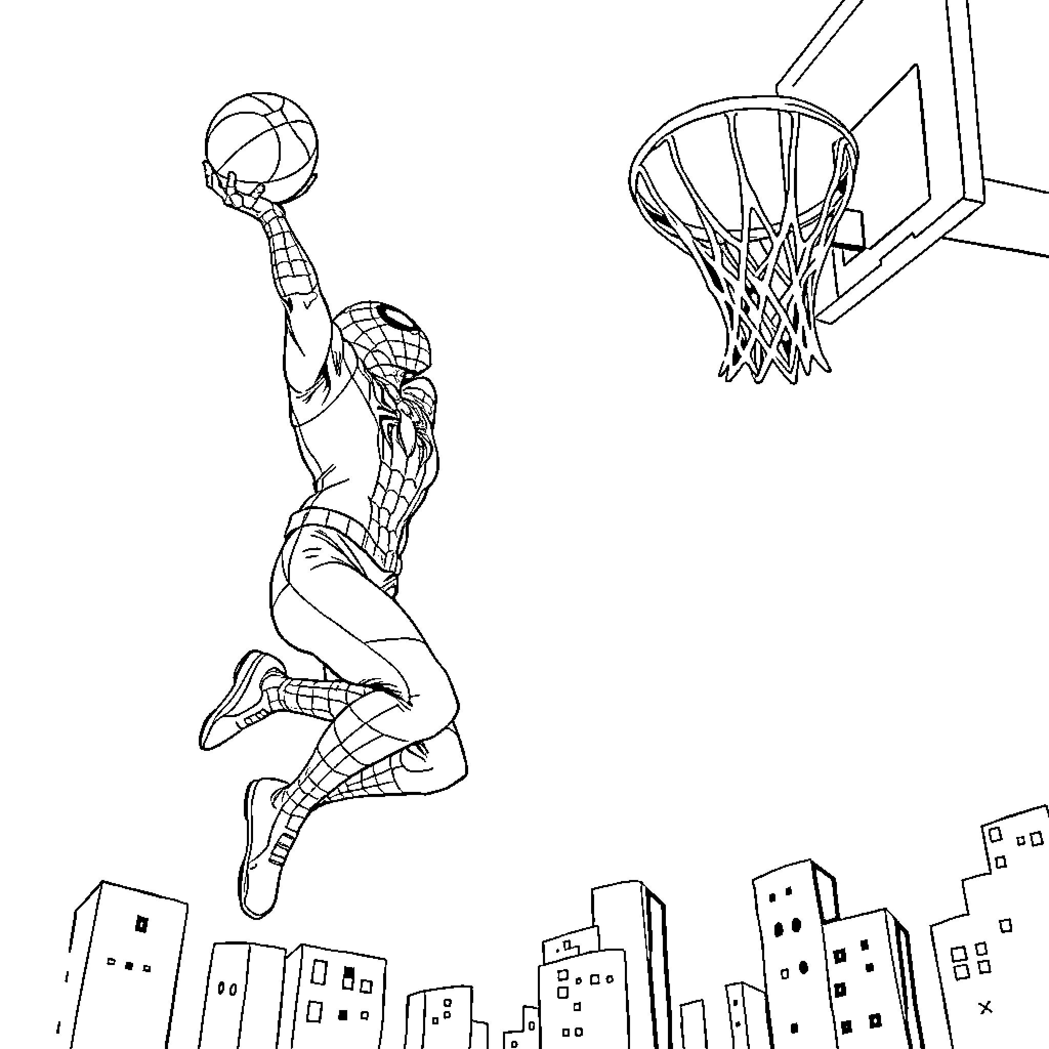 Spiderman leaping and dunking a basketball in the city Coloring Page (free black-and-white line drawing printable PDF for all, from beginners to advanced learners, including children, teens, adults, and seniors)