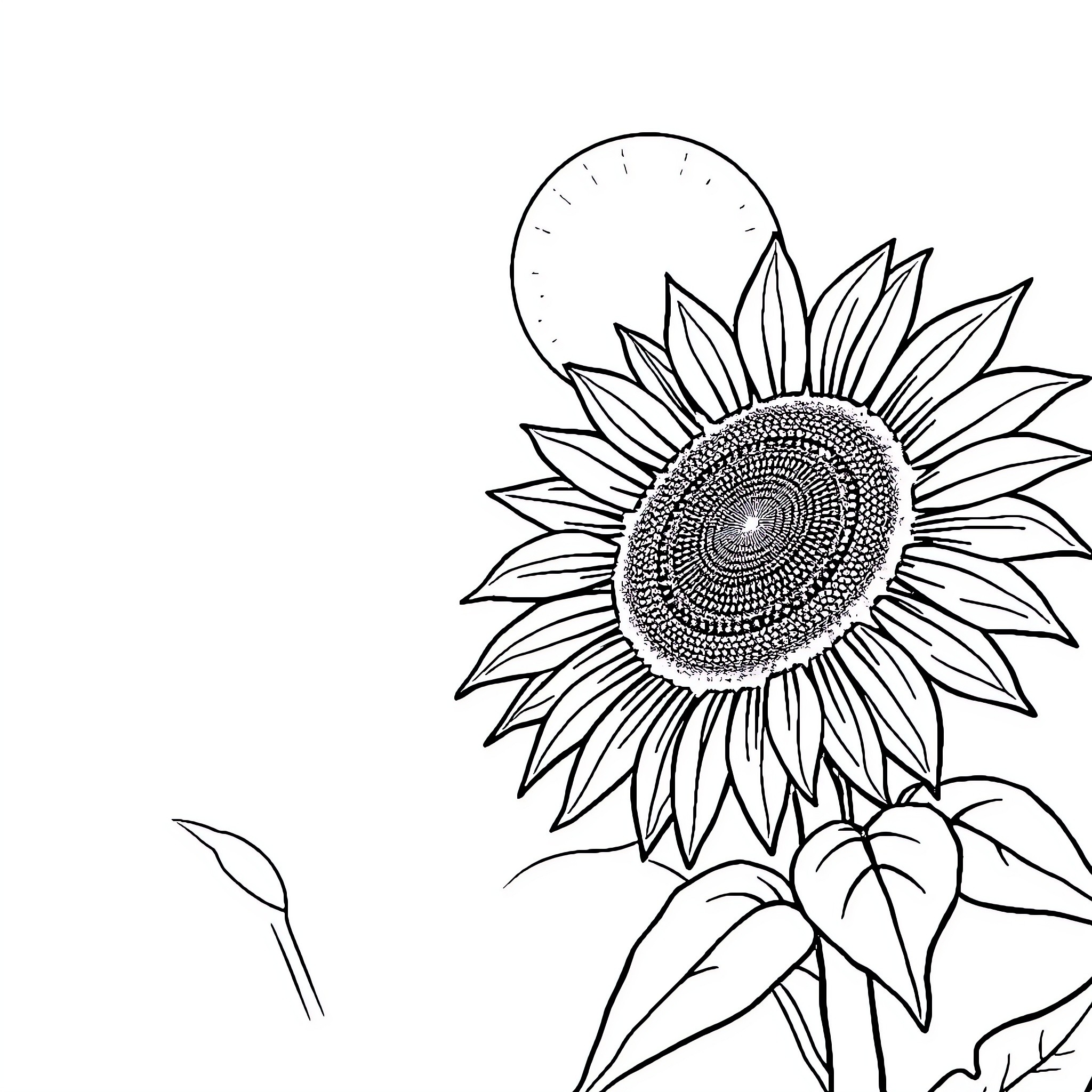 Sunflower in the moonlight Coloring Page (free black-and-white line drawing printable PDF for all, from beginners to advanced learners, including children, teens, adults, and seniors)