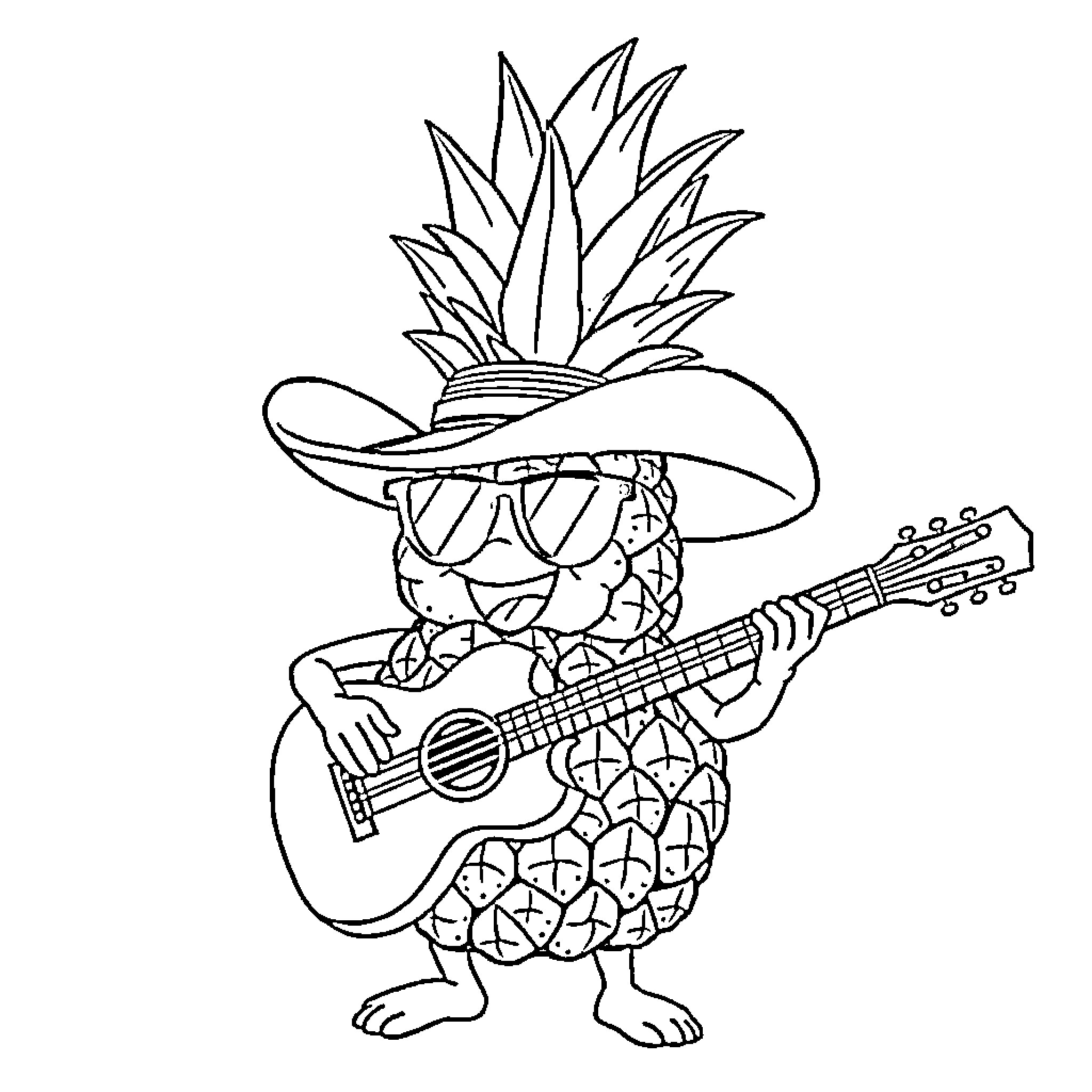 Pineapple musician playing guitar in a cowboy hat Coloring Page (free black-and-white line drawing printable PDF for all, from beginners to advanced learners, including children, teens, adults, and seniors)