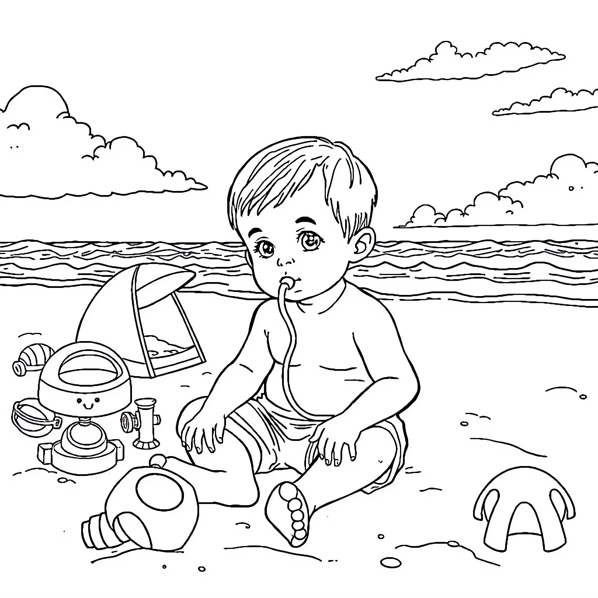 Child playing with toys on the beach Coloring Page (free black-and-white line drawing printable PDF for all, from beginners to advanced learners, including children, teens, adults, and seniors)