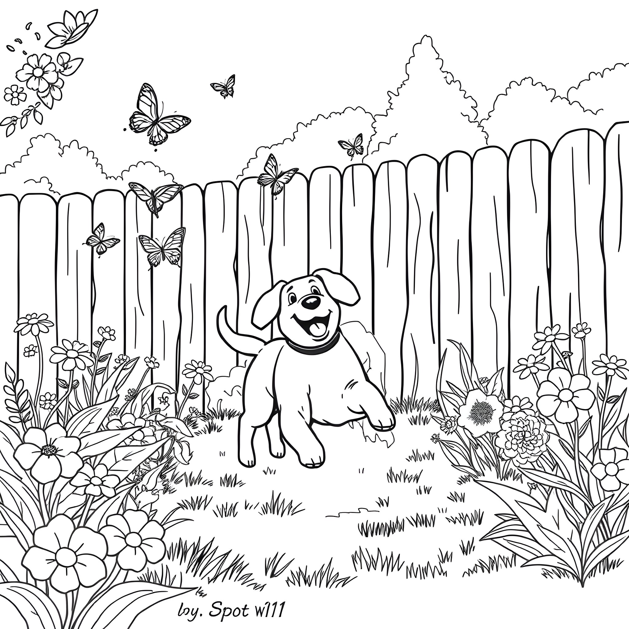 Dog playing happily in a flower-filled garden Coloring Page (free black-and-white line drawing printable PDF for all, from beginners to advanced learners, including children, teens, adults, and seniors)