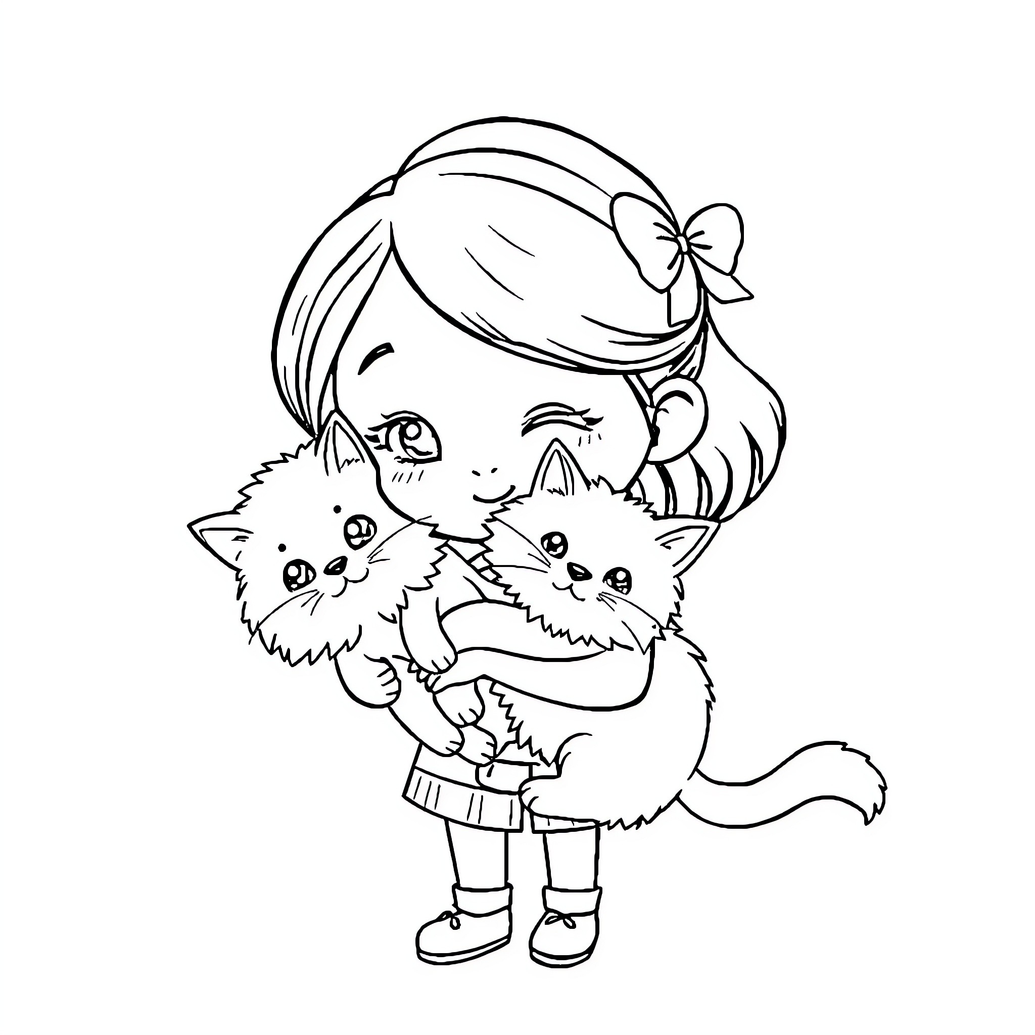 Girl cuddling and playing with kittens Coloring Page (free black-and-white line drawing printable PDF for all, from beginners to advanced learners, including children, teens, adults, and seniors)